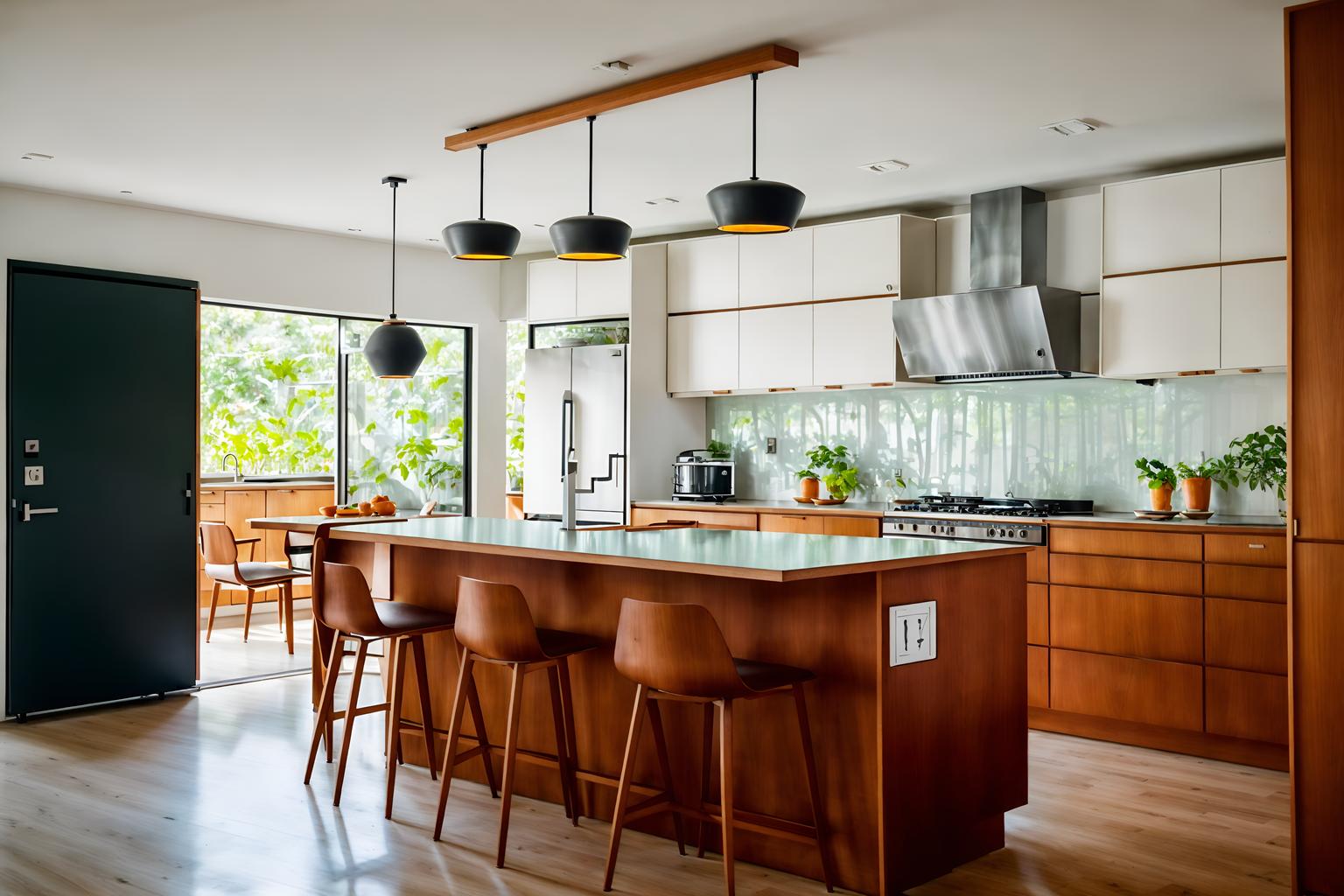 midcentury modern-style (kitchen interior) with sink and plant and stove and kitchen cabinets and worktops and refrigerator and sink. . with minimalist and graphic shapes and integrating indoor and outdoor motifs and clean lines and nature indoors and natural and manmade materials and organic and geometric shapes and wood pendant light mid century modern chandelier. . cinematic photo, highly detailed, cinematic lighting, ultra-detailed, ultrarealistic, photorealism, 8k. midcentury modern interior design style. masterpiece, cinematic light, ultrarealistic+, photorealistic+, 8k, raw photo, realistic, sharp focus on eyes, (symmetrical eyes), (intact eyes), hyperrealistic, highest quality, best quality, , highly detailed, masterpiece, best quality, extremely detailed 8k wallpaper, masterpiece, best quality, ultra-detailed, best shadow, detailed background, detailed face, detailed eyes, high contrast, best illumination, detailed face, dulux, caustic, dynamic angle, detailed glow. dramatic lighting. highly detailed, insanely detailed hair, symmetrical, intricate details, professionally retouched, 8k high definition. strong bokeh. award winning photo.