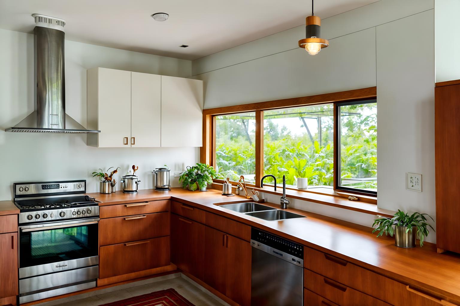 midcentury modern-style (kitchen interior) with sink and plant and stove and kitchen cabinets and worktops and refrigerator and sink. . with minimalist and graphic shapes and integrating indoor and outdoor motifs and clean lines and nature indoors and natural and manmade materials and organic and geometric shapes and wood pendant light mid century modern chandelier. . cinematic photo, highly detailed, cinematic lighting, ultra-detailed, ultrarealistic, photorealism, 8k. midcentury modern interior design style. masterpiece, cinematic light, ultrarealistic+, photorealistic+, 8k, raw photo, realistic, sharp focus on eyes, (symmetrical eyes), (intact eyes), hyperrealistic, highest quality, best quality, , highly detailed, masterpiece, best quality, extremely detailed 8k wallpaper, masterpiece, best quality, ultra-detailed, best shadow, detailed background, detailed face, detailed eyes, high contrast, best illumination, detailed face, dulux, caustic, dynamic angle, detailed glow. dramatic lighting. highly detailed, insanely detailed hair, symmetrical, intricate details, professionally retouched, 8k high definition. strong bokeh. award winning photo.