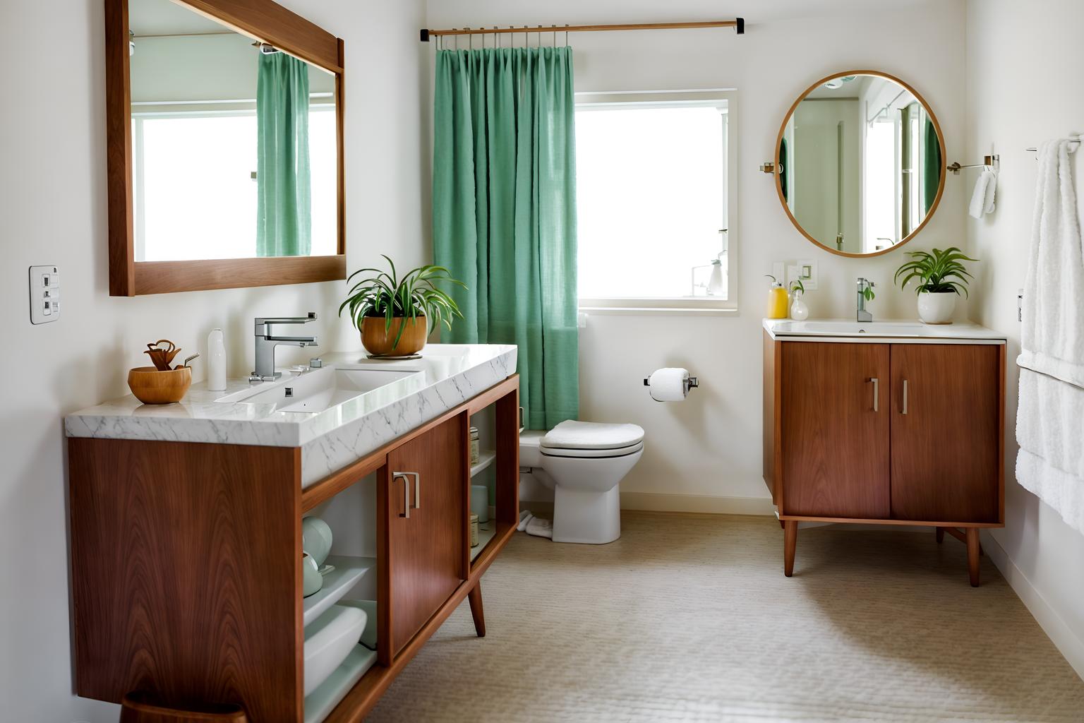 midcentury modern-style (hotel bathroom interior) with bathroom sink with faucet and bath towel and bathroom cabinet and mirror and plant and toilet seat and waste basket and bathtub. . with minimalist and function over form and nature indoors and wood pendant light mid century modern chandelier and mid century modern mobile chandelier and vibrant colors and muted tones and natural and manmade materials. . cinematic photo, highly detailed, cinematic lighting, ultra-detailed, ultrarealistic, photorealism, 8k. midcentury modern interior design style. masterpiece, cinematic light, ultrarealistic+, photorealistic+, 8k, raw photo, realistic, sharp focus on eyes, (symmetrical eyes), (intact eyes), hyperrealistic, highest quality, best quality, , highly detailed, masterpiece, best quality, extremely detailed 8k wallpaper, masterpiece, best quality, ultra-detailed, best shadow, detailed background, detailed face, detailed eyes, high contrast, best illumination, detailed face, dulux, caustic, dynamic angle, detailed glow. dramatic lighting. highly detailed, insanely detailed hair, symmetrical, intricate details, professionally retouched, 8k high definition. strong bokeh. award winning photo.