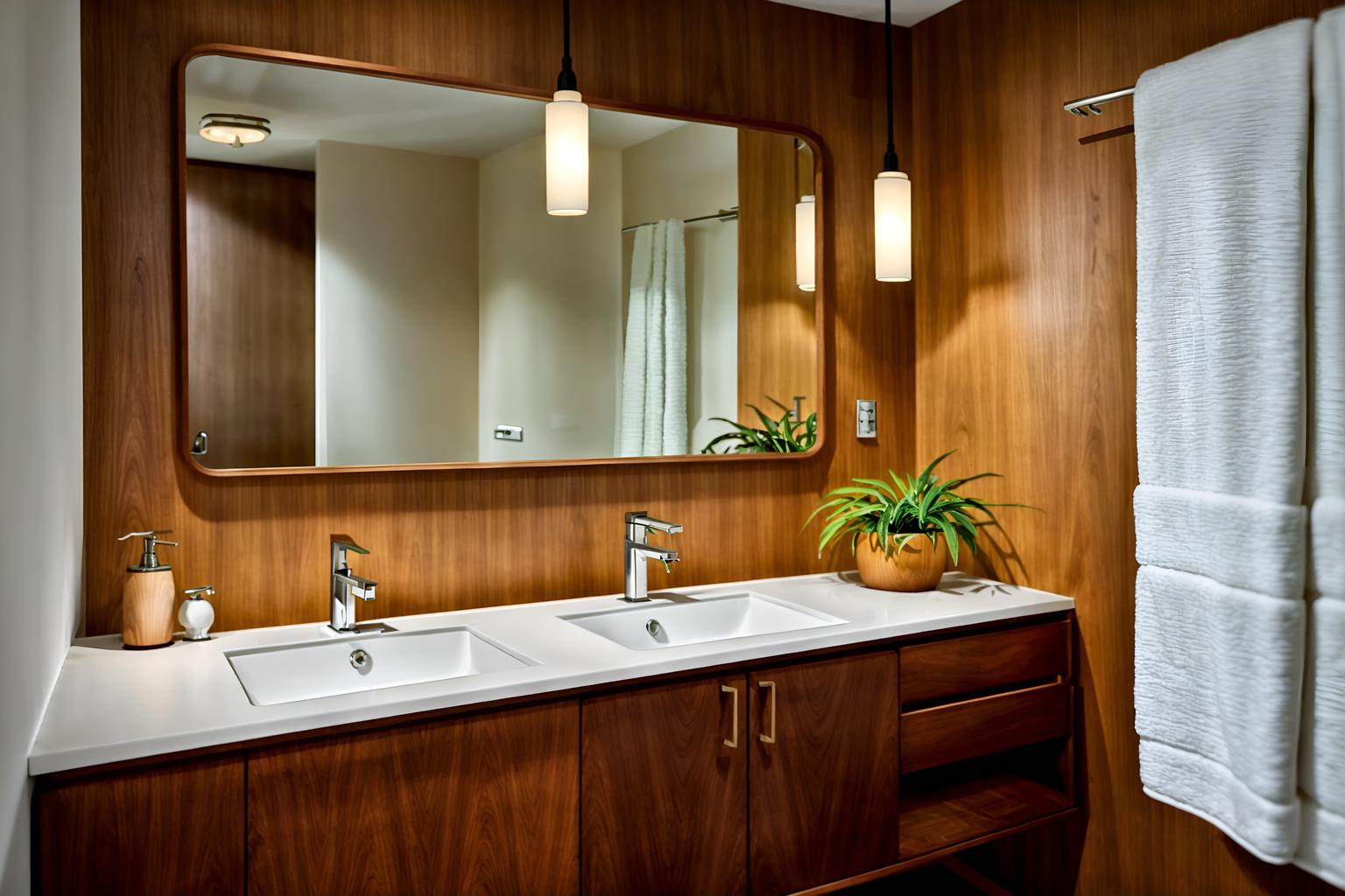 midcentury modern-style (hotel bathroom interior) with bathroom sink with faucet and bath towel and bathroom cabinet and mirror and plant and toilet seat and waste basket and bathtub. . with minimalist and function over form and nature indoors and wood pendant light mid century modern chandelier and mid century modern mobile chandelier and vibrant colors and muted tones and natural and manmade materials. . cinematic photo, highly detailed, cinematic lighting, ultra-detailed, ultrarealistic, photorealism, 8k. midcentury modern interior design style. masterpiece, cinematic light, ultrarealistic+, photorealistic+, 8k, raw photo, realistic, sharp focus on eyes, (symmetrical eyes), (intact eyes), hyperrealistic, highest quality, best quality, , highly detailed, masterpiece, best quality, extremely detailed 8k wallpaper, masterpiece, best quality, ultra-detailed, best shadow, detailed background, detailed face, detailed eyes, high contrast, best illumination, detailed face, dulux, caustic, dynamic angle, detailed glow. dramatic lighting. highly detailed, insanely detailed hair, symmetrical, intricate details, professionally retouched, 8k high definition. strong bokeh. award winning photo.