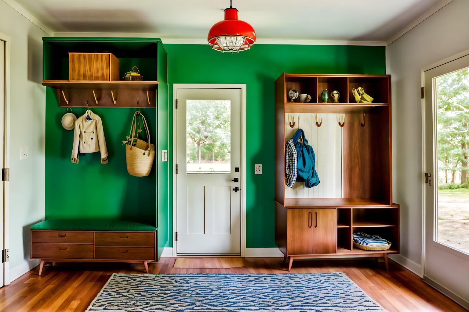 midcentury modern-style (mudroom interior) with high up storage and a bench and cubbies and cabinets and wall hooks for coats and shelves for shoes and storage baskets and storage drawers. . with function over form and minimalist and mid century modern mobile chandelier and vibrant colors and integrating indoor and outdoor motifs and nature indoors and wood pendant light mid century modern chandelier and graphic shapes. . cinematic photo, highly detailed, cinematic lighting, ultra-detailed, ultrarealistic, photorealism, 8k. midcentury modern interior design style. masterpiece, cinematic light, ultrarealistic+, photorealistic+, 8k, raw photo, realistic, sharp focus on eyes, (symmetrical eyes), (intact eyes), hyperrealistic, highest quality, best quality, , highly detailed, masterpiece, best quality, extremely detailed 8k wallpaper, masterpiece, best quality, ultra-detailed, best shadow, detailed background, detailed face, detailed eyes, high contrast, best illumination, detailed face, dulux, caustic, dynamic angle, detailed glow. dramatic lighting. highly detailed, insanely detailed hair, symmetrical, intricate details, professionally retouched, 8k high definition. strong bokeh. award winning photo.