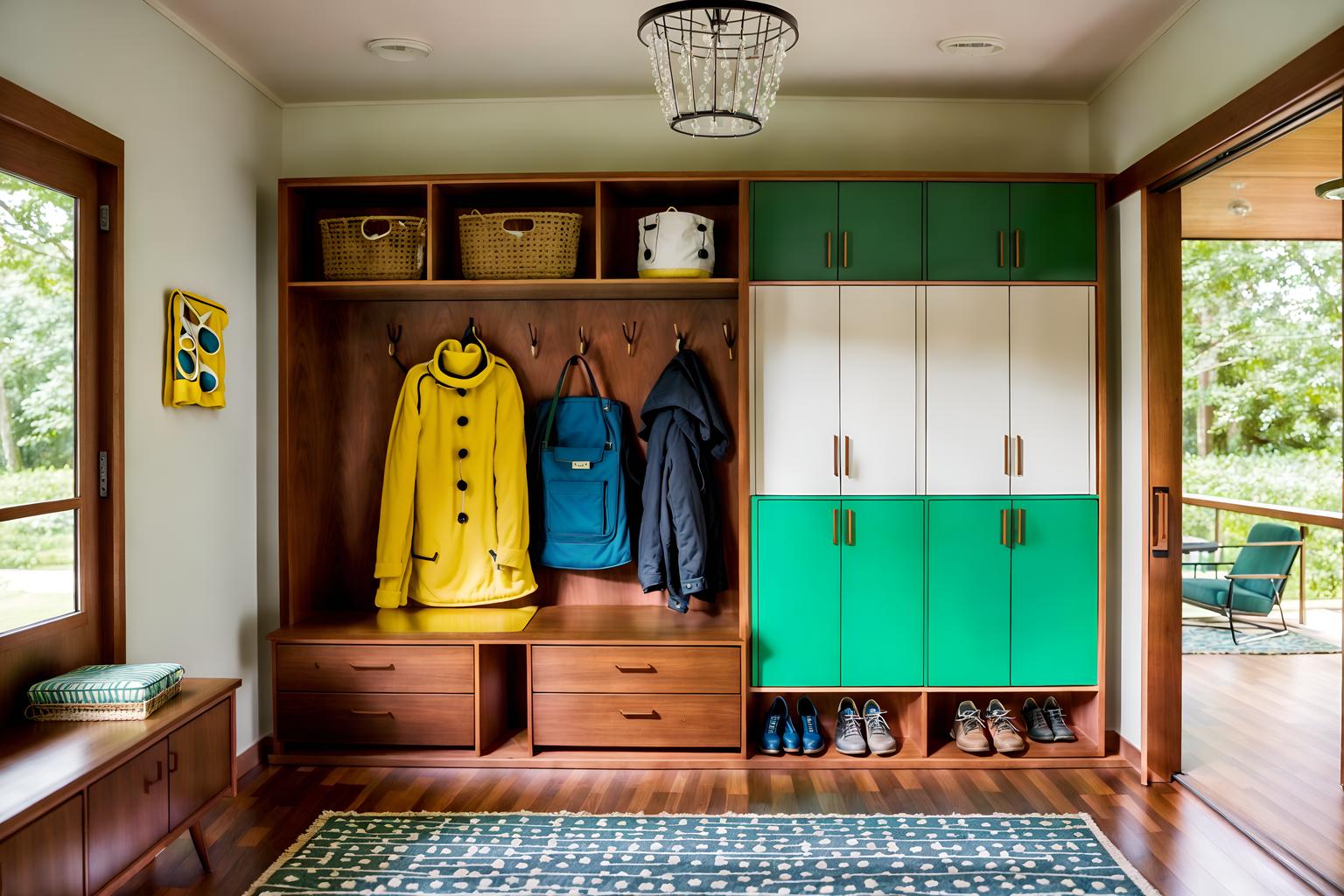 midcentury modern-style (mudroom interior) with high up storage and a bench and cubbies and cabinets and wall hooks for coats and shelves for shoes and storage baskets and storage drawers. . with function over form and minimalist and mid century modern mobile chandelier and vibrant colors and integrating indoor and outdoor motifs and nature indoors and wood pendant light mid century modern chandelier and graphic shapes. . cinematic photo, highly detailed, cinematic lighting, ultra-detailed, ultrarealistic, photorealism, 8k. midcentury modern interior design style. masterpiece, cinematic light, ultrarealistic+, photorealistic+, 8k, raw photo, realistic, sharp focus on eyes, (symmetrical eyes), (intact eyes), hyperrealistic, highest quality, best quality, , highly detailed, masterpiece, best quality, extremely detailed 8k wallpaper, masterpiece, best quality, ultra-detailed, best shadow, detailed background, detailed face, detailed eyes, high contrast, best illumination, detailed face, dulux, caustic, dynamic angle, detailed glow. dramatic lighting. highly detailed, insanely detailed hair, symmetrical, intricate details, professionally retouched, 8k high definition. strong bokeh. award winning photo.