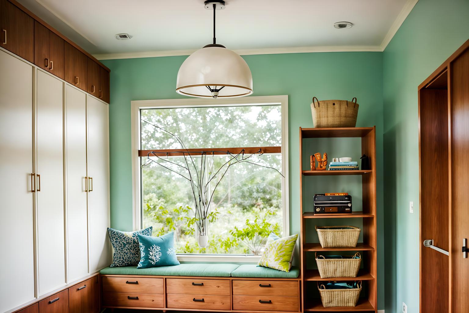 midcentury modern-style (mudroom interior) with high up storage and a bench and cubbies and cabinets and wall hooks for coats and shelves for shoes and storage baskets and storage drawers. . with function over form and minimalist and mid century modern mobile chandelier and vibrant colors and integrating indoor and outdoor motifs and nature indoors and wood pendant light mid century modern chandelier and graphic shapes. . cinematic photo, highly detailed, cinematic lighting, ultra-detailed, ultrarealistic, photorealism, 8k. midcentury modern interior design style. masterpiece, cinematic light, ultrarealistic+, photorealistic+, 8k, raw photo, realistic, sharp focus on eyes, (symmetrical eyes), (intact eyes), hyperrealistic, highest quality, best quality, , highly detailed, masterpiece, best quality, extremely detailed 8k wallpaper, masterpiece, best quality, ultra-detailed, best shadow, detailed background, detailed face, detailed eyes, high contrast, best illumination, detailed face, dulux, caustic, dynamic angle, detailed glow. dramatic lighting. highly detailed, insanely detailed hair, symmetrical, intricate details, professionally retouched, 8k high definition. strong bokeh. award winning photo.