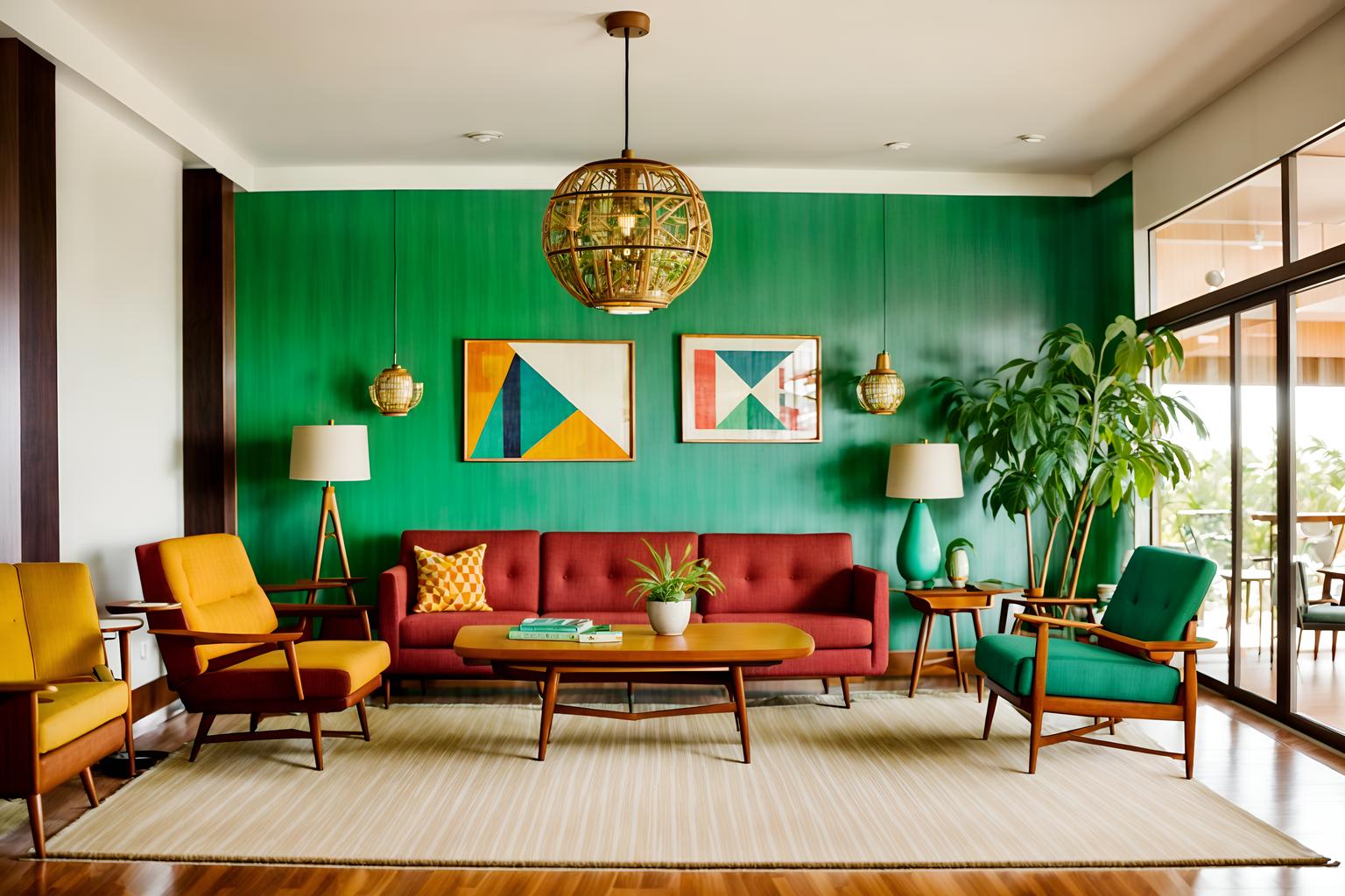 midcentury modern-style (hotel lobby interior) with lounge chairs and coffee tables and check in desk and furniture and hanging lamps and sofas and plant and rug. . with natural and manmade materials and vibrant colors and mid century modern mobile chandelier and integrating indoor and outdoor motifs and organic and geometric shapes and muted tones and function over form and clean lines. . cinematic photo, highly detailed, cinematic lighting, ultra-detailed, ultrarealistic, photorealism, 8k. midcentury modern interior design style. masterpiece, cinematic light, ultrarealistic+, photorealistic+, 8k, raw photo, realistic, sharp focus on eyes, (symmetrical eyes), (intact eyes), hyperrealistic, highest quality, best quality, , highly detailed, masterpiece, best quality, extremely detailed 8k wallpaper, masterpiece, best quality, ultra-detailed, best shadow, detailed background, detailed face, detailed eyes, high contrast, best illumination, detailed face, dulux, caustic, dynamic angle, detailed glow. dramatic lighting. highly detailed, insanely detailed hair, symmetrical, intricate details, professionally retouched, 8k high definition. strong bokeh. award winning photo.