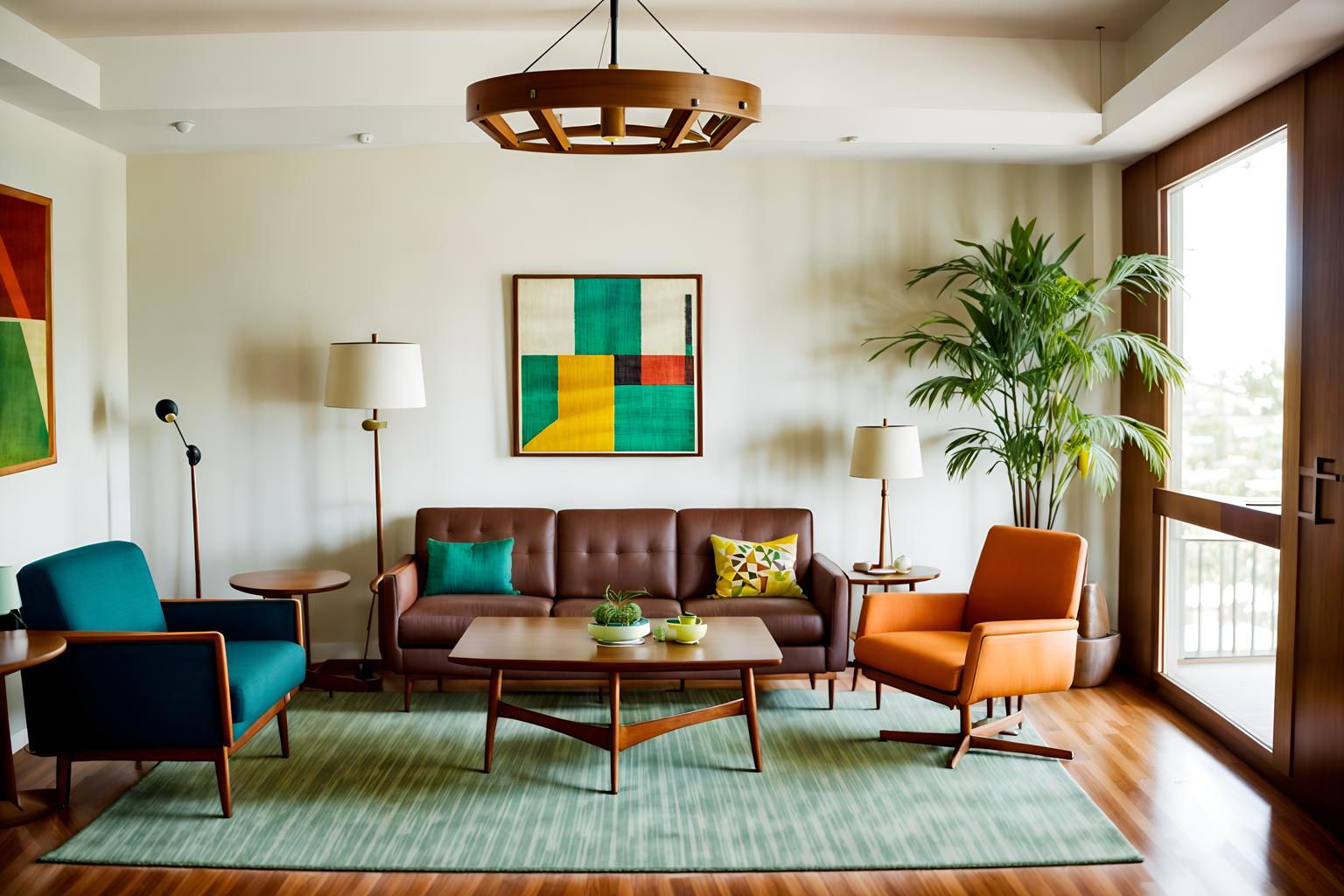 midcentury modern-style (hotel lobby interior) with lounge chairs and coffee tables and check in desk and furniture and hanging lamps and sofas and plant and rug. . with natural and manmade materials and vibrant colors and mid century modern mobile chandelier and integrating indoor and outdoor motifs and organic and geometric shapes and muted tones and function over form and clean lines. . cinematic photo, highly detailed, cinematic lighting, ultra-detailed, ultrarealistic, photorealism, 8k. midcentury modern interior design style. masterpiece, cinematic light, ultrarealistic+, photorealistic+, 8k, raw photo, realistic, sharp focus on eyes, (symmetrical eyes), (intact eyes), hyperrealistic, highest quality, best quality, , highly detailed, masterpiece, best quality, extremely detailed 8k wallpaper, masterpiece, best quality, ultra-detailed, best shadow, detailed background, detailed face, detailed eyes, high contrast, best illumination, detailed face, dulux, caustic, dynamic angle, detailed glow. dramatic lighting. highly detailed, insanely detailed hair, symmetrical, intricate details, professionally retouched, 8k high definition. strong bokeh. award winning photo.