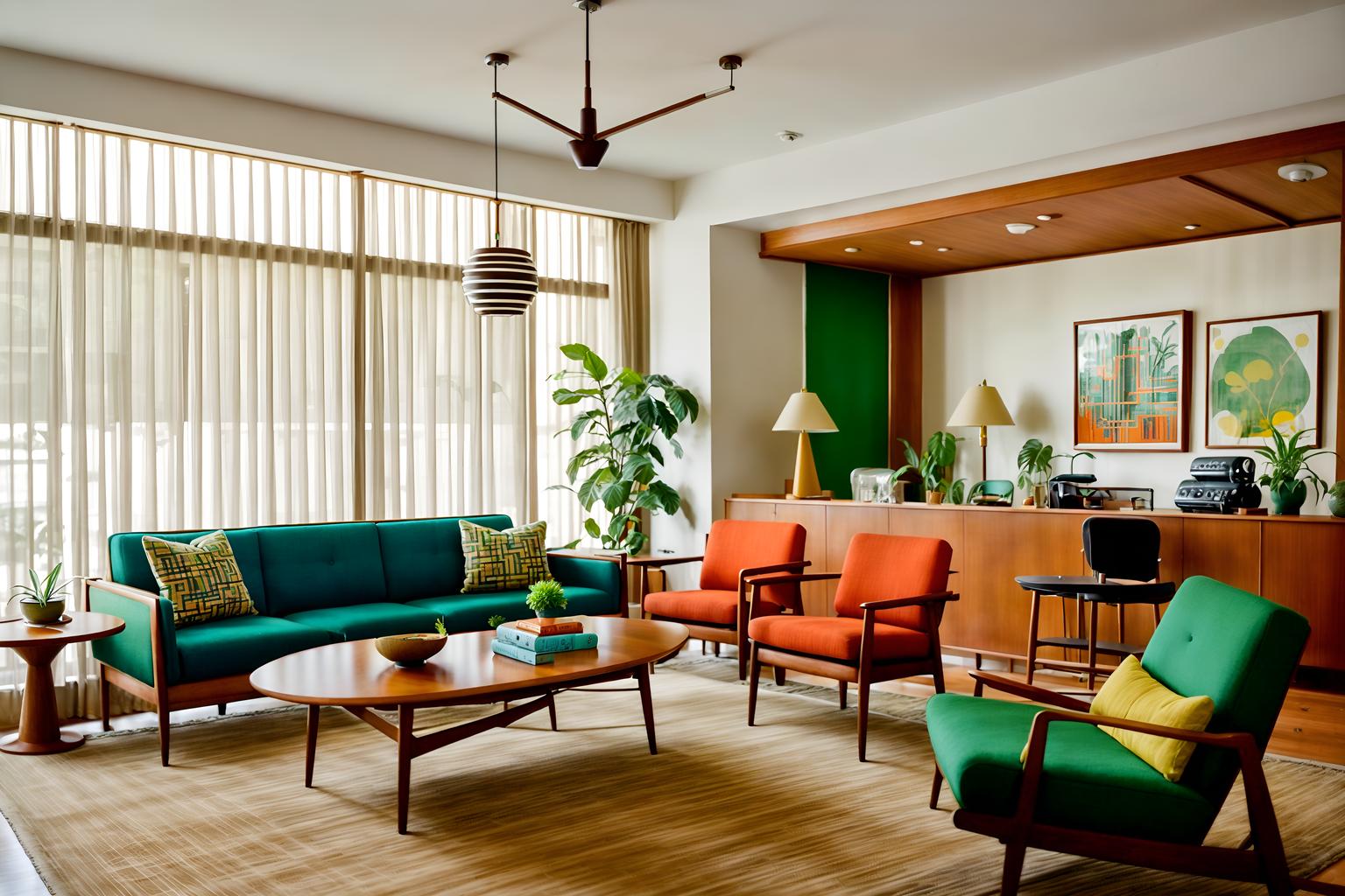 midcentury modern-style (hotel lobby interior) with lounge chairs and coffee tables and check in desk and furniture and hanging lamps and sofas and plant and rug. . with natural and manmade materials and vibrant colors and mid century modern mobile chandelier and integrating indoor and outdoor motifs and organic and geometric shapes and muted tones and function over form and clean lines. . cinematic photo, highly detailed, cinematic lighting, ultra-detailed, ultrarealistic, photorealism, 8k. midcentury modern interior design style. masterpiece, cinematic light, ultrarealistic+, photorealistic+, 8k, raw photo, realistic, sharp focus on eyes, (symmetrical eyes), (intact eyes), hyperrealistic, highest quality, best quality, , highly detailed, masterpiece, best quality, extremely detailed 8k wallpaper, masterpiece, best quality, ultra-detailed, best shadow, detailed background, detailed face, detailed eyes, high contrast, best illumination, detailed face, dulux, caustic, dynamic angle, detailed glow. dramatic lighting. highly detailed, insanely detailed hair, symmetrical, intricate details, professionally retouched, 8k high definition. strong bokeh. award winning photo.