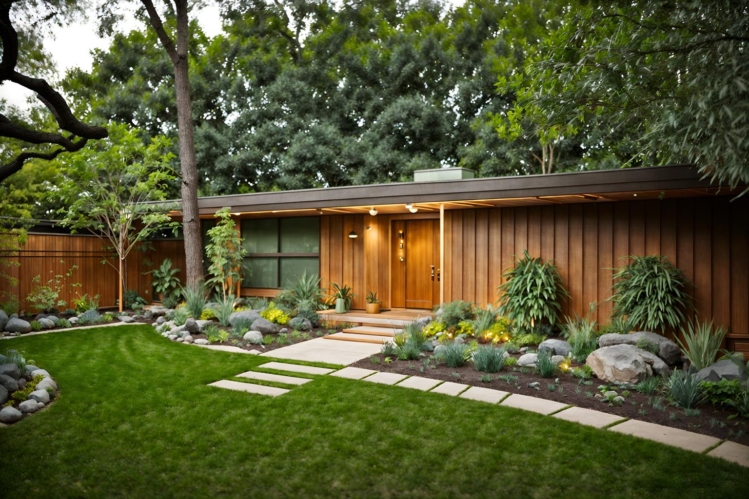 midcentury modern-style designed (outdoor garden ) with grass and garden tree and garden plants and grass. . with muted tones and organic and geometric shapes and graphic shapes and natural and manmade materials and vibrant colors and minimalist and wood pendant light mid century modern chandelier and integrating indoor and outdoor motifs. . cinematic photo, highly detailed, cinematic lighting, ultra-detailed, ultrarealistic, photorealism, 8k. midcentury modern design style. masterpiece, cinematic light, ultrarealistic+, photorealistic+, 8k, raw photo, realistic, sharp focus on eyes, (symmetrical eyes), (intact eyes), hyperrealistic, highest quality, best quality, , highly detailed, masterpiece, best quality, extremely detailed 8k wallpaper, masterpiece, best quality, ultra-detailed, best shadow, detailed background, detailed face, detailed eyes, high contrast, best illumination, detailed face, dulux, caustic, dynamic angle, detailed glow. dramatic lighting. highly detailed, insanely detailed hair, symmetrical, intricate details, professionally retouched, 8k high definition. strong bokeh. award winning photo.