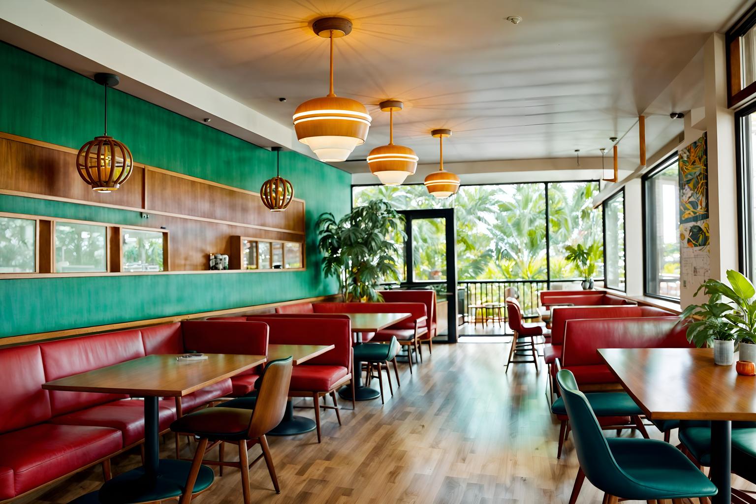 midcentury modern-style (coffee shop interior) . with vibrant colors and natural and manmade materials and mid century modern mobile chandelier and graphic shapes and integrating indoor and outdoor motifs and minimalist and muted tones and organic and geometric shapes. . cinematic photo, highly detailed, cinematic lighting, ultra-detailed, ultrarealistic, photorealism, 8k. midcentury modern interior design style. masterpiece, cinematic light, ultrarealistic+, photorealistic+, 8k, raw photo, realistic, sharp focus on eyes, (symmetrical eyes), (intact eyes), hyperrealistic, highest quality, best quality, , highly detailed, masterpiece, best quality, extremely detailed 8k wallpaper, masterpiece, best quality, ultra-detailed, best shadow, detailed background, detailed face, detailed eyes, high contrast, best illumination, detailed face, dulux, caustic, dynamic angle, detailed glow. dramatic lighting. highly detailed, insanely detailed hair, symmetrical, intricate details, professionally retouched, 8k high definition. strong bokeh. award winning photo.