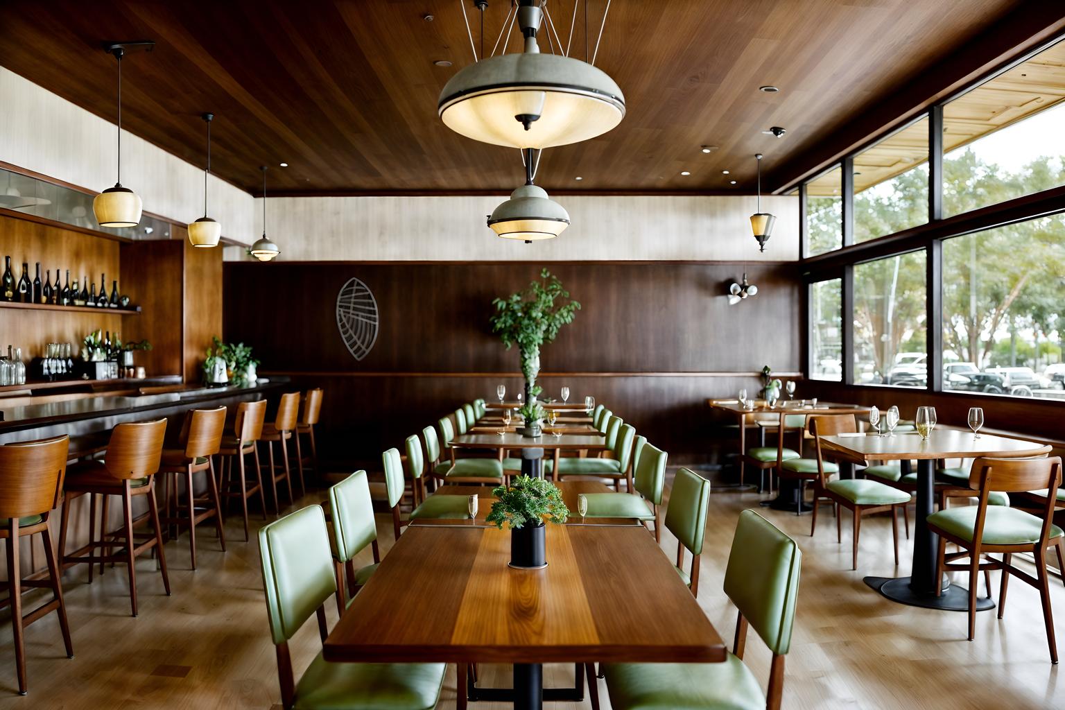 midcentury modern-style (restaurant interior) with restaurant decor and restaurant dining tables and restaurant bar and restaurant chairs and restaurant decor. . with function over form and organic and geometric shapes and mid century modern mobile chandelier and clean lines and graphic shapes and natural and manmade materials and muted tones and integrating indoor and outdoor motifs. . cinematic photo, highly detailed, cinematic lighting, ultra-detailed, ultrarealistic, photorealism, 8k. midcentury modern interior design style. masterpiece, cinematic light, ultrarealistic+, photorealistic+, 8k, raw photo, realistic, sharp focus on eyes, (symmetrical eyes), (intact eyes), hyperrealistic, highest quality, best quality, , highly detailed, masterpiece, best quality, extremely detailed 8k wallpaper, masterpiece, best quality, ultra-detailed, best shadow, detailed background, detailed face, detailed eyes, high contrast, best illumination, detailed face, dulux, caustic, dynamic angle, detailed glow. dramatic lighting. highly detailed, insanely detailed hair, symmetrical, intricate details, professionally retouched, 8k high definition. strong bokeh. award winning photo.