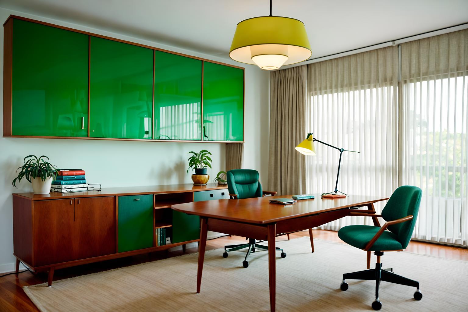 midcentury modern-style (home office interior) with office chair and computer desk and plant and desk lamp and cabinets and office chair. . with graphic shapes and function over form and minimalist and mid century modern mobile chandelier and vibrant colors and nature indoors and muted tones and clean lines. . cinematic photo, highly detailed, cinematic lighting, ultra-detailed, ultrarealistic, photorealism, 8k. midcentury modern interior design style. masterpiece, cinematic light, ultrarealistic+, photorealistic+, 8k, raw photo, realistic, sharp focus on eyes, (symmetrical eyes), (intact eyes), hyperrealistic, highest quality, best quality, , highly detailed, masterpiece, best quality, extremely detailed 8k wallpaper, masterpiece, best quality, ultra-detailed, best shadow, detailed background, detailed face, detailed eyes, high contrast, best illumination, detailed face, dulux, caustic, dynamic angle, detailed glow. dramatic lighting. highly detailed, insanely detailed hair, symmetrical, intricate details, professionally retouched, 8k high definition. strong bokeh. award winning photo.