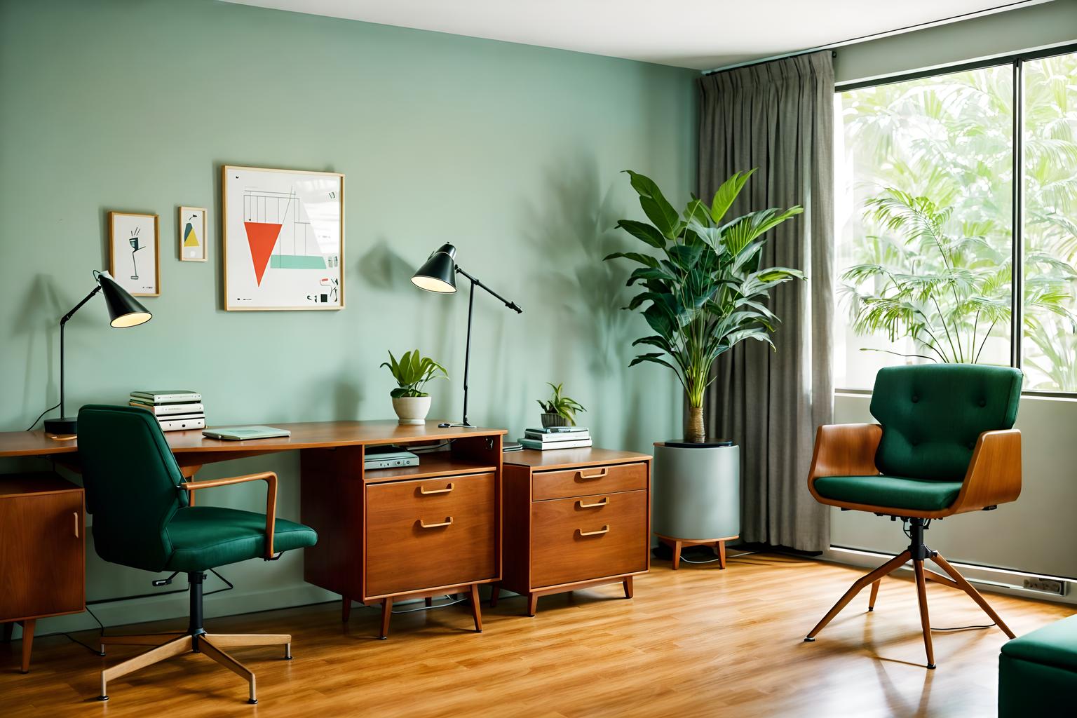 midcentury modern-style (home office interior) with office chair and computer desk and plant and desk lamp and cabinets and office chair. . with graphic shapes and function over form and minimalist and mid century modern mobile chandelier and vibrant colors and nature indoors and muted tones and clean lines. . cinematic photo, highly detailed, cinematic lighting, ultra-detailed, ultrarealistic, photorealism, 8k. midcentury modern interior design style. masterpiece, cinematic light, ultrarealistic+, photorealistic+, 8k, raw photo, realistic, sharp focus on eyes, (symmetrical eyes), (intact eyes), hyperrealistic, highest quality, best quality, , highly detailed, masterpiece, best quality, extremely detailed 8k wallpaper, masterpiece, best quality, ultra-detailed, best shadow, detailed background, detailed face, detailed eyes, high contrast, best illumination, detailed face, dulux, caustic, dynamic angle, detailed glow. dramatic lighting. highly detailed, insanely detailed hair, symmetrical, intricate details, professionally retouched, 8k high definition. strong bokeh. award winning photo.