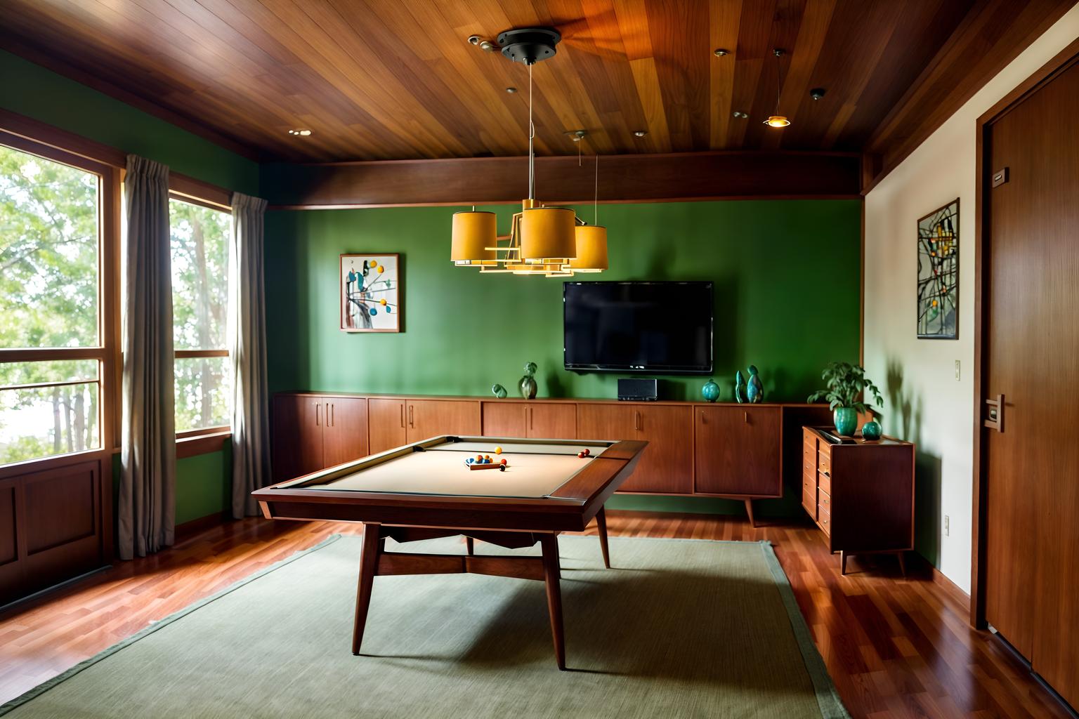 midcentury modern-style (gaming room interior) . with mid century modern mobile chandelier and vibrant colors and function over form and nature indoors and minimalist and natural and manmade materials and muted tones and wood pendant light mid century modern chandelier. . cinematic photo, highly detailed, cinematic lighting, ultra-detailed, ultrarealistic, photorealism, 8k. midcentury modern interior design style. masterpiece, cinematic light, ultrarealistic+, photorealistic+, 8k, raw photo, realistic, sharp focus on eyes, (symmetrical eyes), (intact eyes), hyperrealistic, highest quality, best quality, , highly detailed, masterpiece, best quality, extremely detailed 8k wallpaper, masterpiece, best quality, ultra-detailed, best shadow, detailed background, detailed face, detailed eyes, high contrast, best illumination, detailed face, dulux, caustic, dynamic angle, detailed glow. dramatic lighting. highly detailed, insanely detailed hair, symmetrical, intricate details, professionally retouched, 8k high definition. strong bokeh. award winning photo.