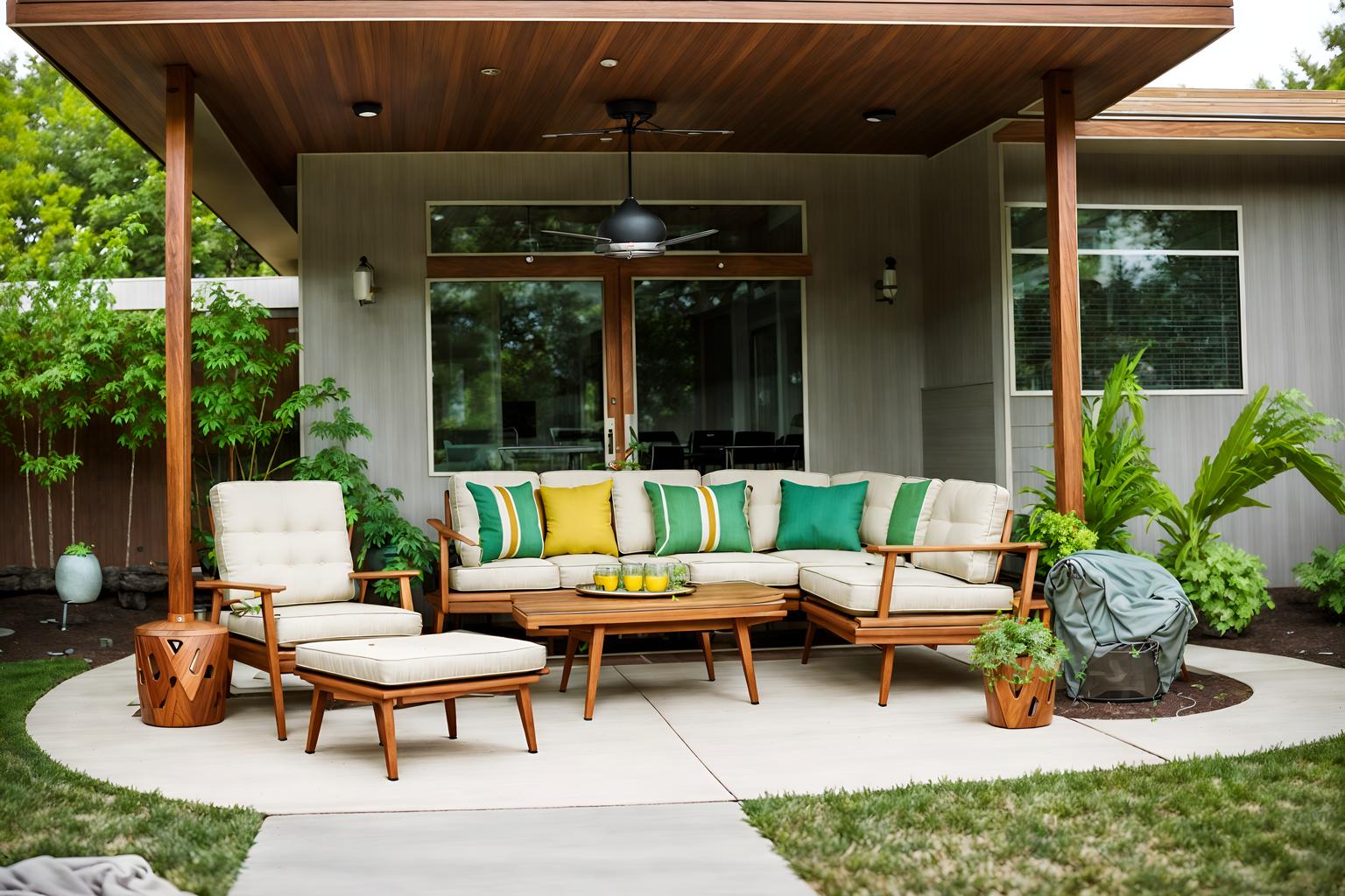 midcentury modern-style designed (outdoor patio ) with deck with deck chairs and barbeque or grill and plant and grass and patio couch with pillows and deck with deck chairs. . with natural and manmade materials and integrating indoor and outdoor motifs and wood pendant light mid century modern chandelier and clean lines and function over form and mid century modern mobile chandelier and vibrant colors and muted tones. . cinematic photo, highly detailed, cinematic lighting, ultra-detailed, ultrarealistic, photorealism, 8k. midcentury modern design style. masterpiece, cinematic light, ultrarealistic+, photorealistic+, 8k, raw photo, realistic, sharp focus on eyes, (symmetrical eyes), (intact eyes), hyperrealistic, highest quality, best quality, , highly detailed, masterpiece, best quality, extremely detailed 8k wallpaper, masterpiece, best quality, ultra-detailed, best shadow, detailed background, detailed face, detailed eyes, high contrast, best illumination, detailed face, dulux, caustic, dynamic angle, detailed glow. dramatic lighting. highly detailed, insanely detailed hair, symmetrical, intricate details, professionally retouched, 8k high definition. strong bokeh. award winning photo.