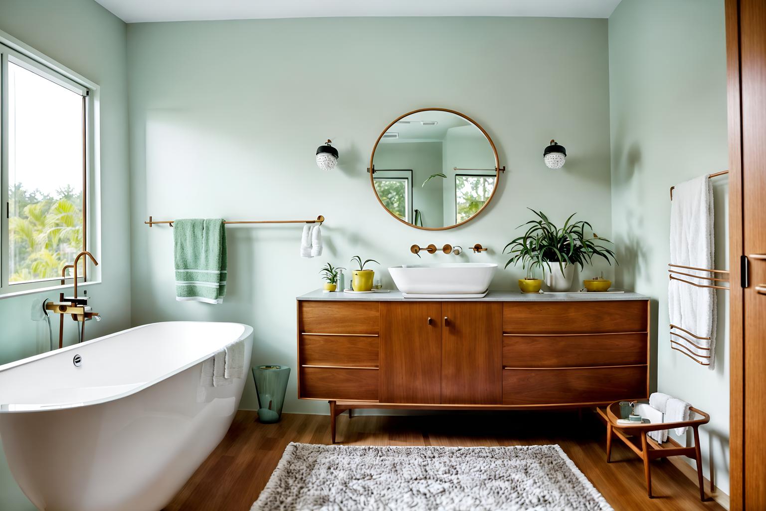 midcentury modern-style (bathroom interior) with plant and bathroom sink with faucet and bath towel and bathtub and bath rail and mirror and shower and toilet seat. . with function over form and clean lines and wood pendant light mid century modern chandelier and graphic shapes and muted tones and minimalist and integrating indoor and outdoor motifs and natural and manmade materials. . cinematic photo, highly detailed, cinematic lighting, ultra-detailed, ultrarealistic, photorealism, 8k. midcentury modern interior design style. masterpiece, cinematic light, ultrarealistic+, photorealistic+, 8k, raw photo, realistic, sharp focus on eyes, (symmetrical eyes), (intact eyes), hyperrealistic, highest quality, best quality, , highly detailed, masterpiece, best quality, extremely detailed 8k wallpaper, masterpiece, best quality, ultra-detailed, best shadow, detailed background, detailed face, detailed eyes, high contrast, best illumination, detailed face, dulux, caustic, dynamic angle, detailed glow. dramatic lighting. highly detailed, insanely detailed hair, symmetrical, intricate details, professionally retouched, 8k high definition. strong bokeh. award winning photo.