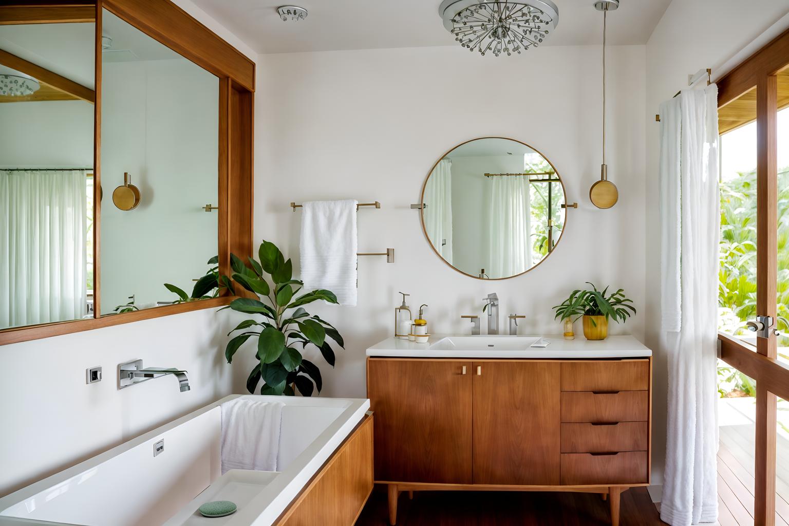 midcentury modern-style (bathroom interior) with plant and bathroom sink with faucet and bath towel and bathtub and bath rail and mirror and shower and toilet seat. . with function over form and clean lines and wood pendant light mid century modern chandelier and graphic shapes and muted tones and minimalist and integrating indoor and outdoor motifs and natural and manmade materials. . cinematic photo, highly detailed, cinematic lighting, ultra-detailed, ultrarealistic, photorealism, 8k. midcentury modern interior design style. masterpiece, cinematic light, ultrarealistic+, photorealistic+, 8k, raw photo, realistic, sharp focus on eyes, (symmetrical eyes), (intact eyes), hyperrealistic, highest quality, best quality, , highly detailed, masterpiece, best quality, extremely detailed 8k wallpaper, masterpiece, best quality, ultra-detailed, best shadow, detailed background, detailed face, detailed eyes, high contrast, best illumination, detailed face, dulux, caustic, dynamic angle, detailed glow. dramatic lighting. highly detailed, insanely detailed hair, symmetrical, intricate details, professionally retouched, 8k high definition. strong bokeh. award winning photo.