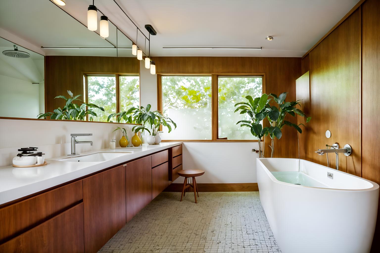 midcentury modern-style (bathroom interior) with plant and bathroom sink with faucet and bath towel and bathtub and bath rail and mirror and shower and toilet seat. . with function over form and clean lines and wood pendant light mid century modern chandelier and graphic shapes and muted tones and minimalist and integrating indoor and outdoor motifs and natural and manmade materials. . cinematic photo, highly detailed, cinematic lighting, ultra-detailed, ultrarealistic, photorealism, 8k. midcentury modern interior design style. masterpiece, cinematic light, ultrarealistic+, photorealistic+, 8k, raw photo, realistic, sharp focus on eyes, (symmetrical eyes), (intact eyes), hyperrealistic, highest quality, best quality, , highly detailed, masterpiece, best quality, extremely detailed 8k wallpaper, masterpiece, best quality, ultra-detailed, best shadow, detailed background, detailed face, detailed eyes, high contrast, best illumination, detailed face, dulux, caustic, dynamic angle, detailed glow. dramatic lighting. highly detailed, insanely detailed hair, symmetrical, intricate details, professionally retouched, 8k high definition. strong bokeh. award winning photo.