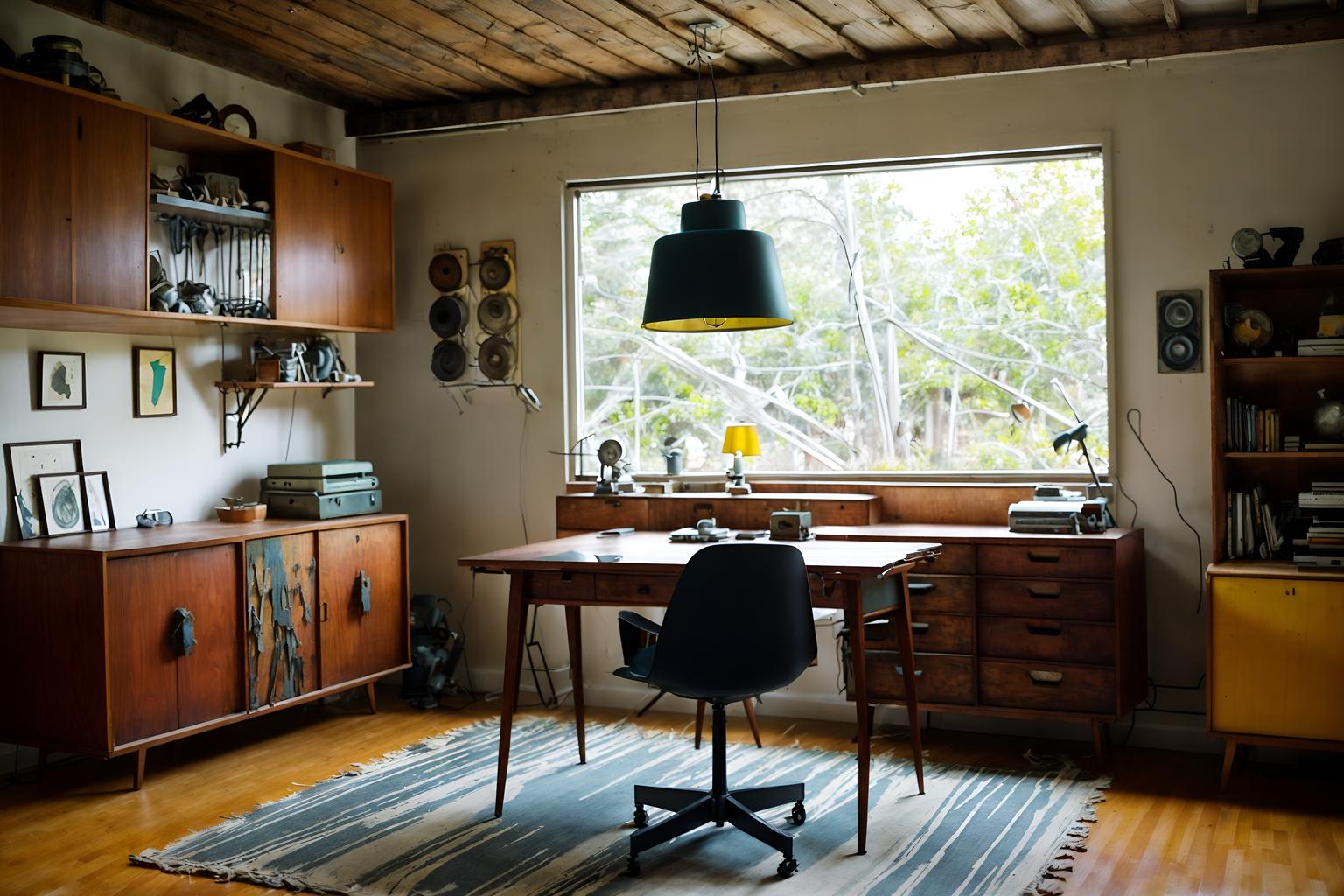 midcentury modern-style (workshop interior) with messy and wooden workbench and tool wall and messy. . with graphic shapes and muted tones and organic and geometric shapes and vibrant colors and natural and manmade materials and mid century modern mobile chandelier and minimalist and function over form. . cinematic photo, highly detailed, cinematic lighting, ultra-detailed, ultrarealistic, photorealism, 8k. midcentury modern interior design style. masterpiece, cinematic light, ultrarealistic+, photorealistic+, 8k, raw photo, realistic, sharp focus on eyes, (symmetrical eyes), (intact eyes), hyperrealistic, highest quality, best quality, , highly detailed, masterpiece, best quality, extremely detailed 8k wallpaper, masterpiece, best quality, ultra-detailed, best shadow, detailed background, detailed face, detailed eyes, high contrast, best illumination, detailed face, dulux, caustic, dynamic angle, detailed glow. dramatic lighting. highly detailed, insanely detailed hair, symmetrical, intricate details, professionally retouched, 8k high definition. strong bokeh. award winning photo.