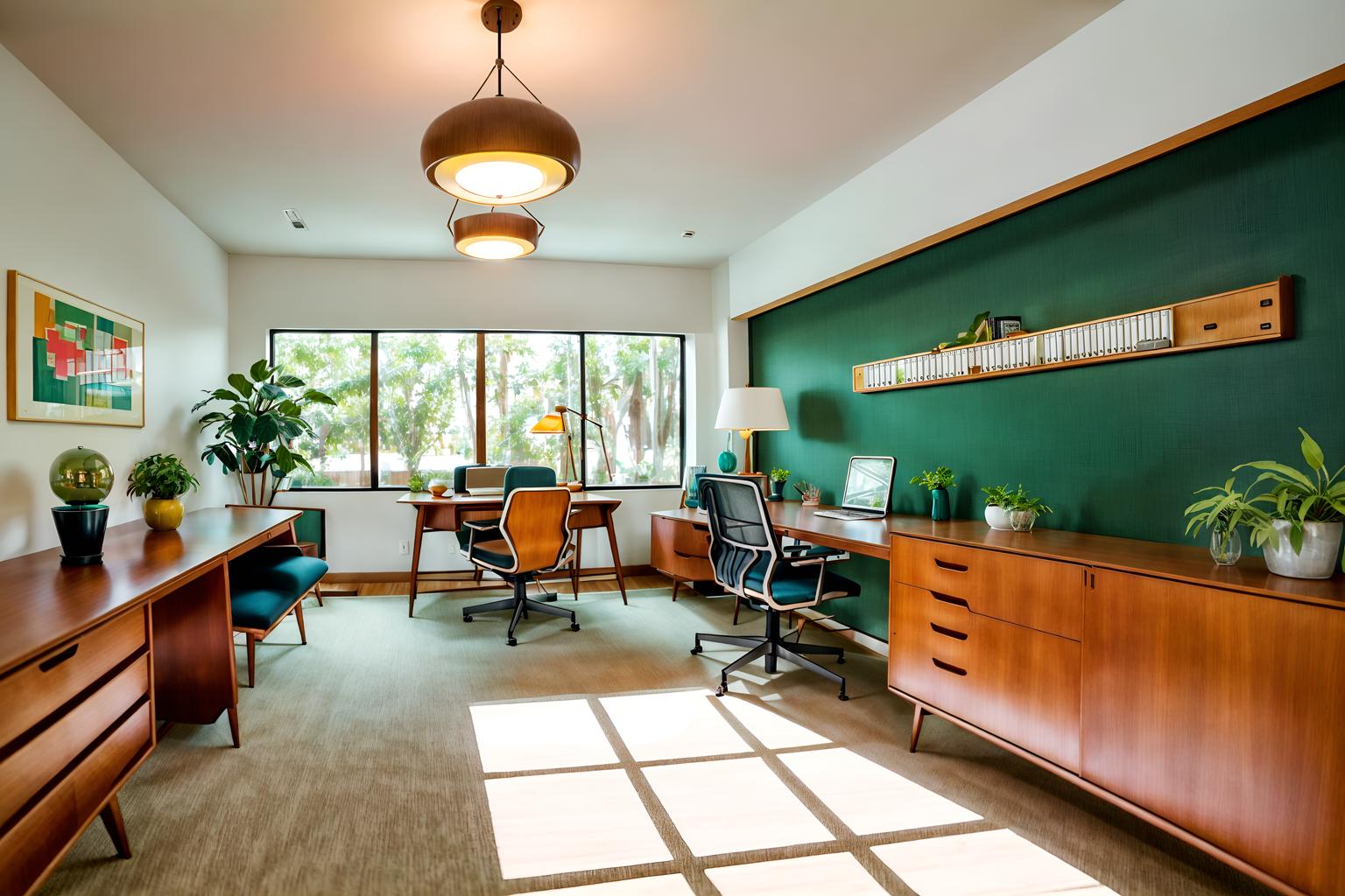 midcentury modern-style (office interior) with computer desks and lounge chairs and office desks and cabinets and windows and office chairs and desk lamps and plants. . with mid century modern mobile chandelier and muted tones and natural and manmade materials and clean lines and nature indoors and organic and geometric shapes and wood pendant light mid century modern chandelier and vibrant colors. . cinematic photo, highly detailed, cinematic lighting, ultra-detailed, ultrarealistic, photorealism, 8k. midcentury modern interior design style. masterpiece, cinematic light, ultrarealistic+, photorealistic+, 8k, raw photo, realistic, sharp focus on eyes, (symmetrical eyes), (intact eyes), hyperrealistic, highest quality, best quality, , highly detailed, masterpiece, best quality, extremely detailed 8k wallpaper, masterpiece, best quality, ultra-detailed, best shadow, detailed background, detailed face, detailed eyes, high contrast, best illumination, detailed face, dulux, caustic, dynamic angle, detailed glow. dramatic lighting. highly detailed, insanely detailed hair, symmetrical, intricate details, professionally retouched, 8k high definition. strong bokeh. award winning photo.