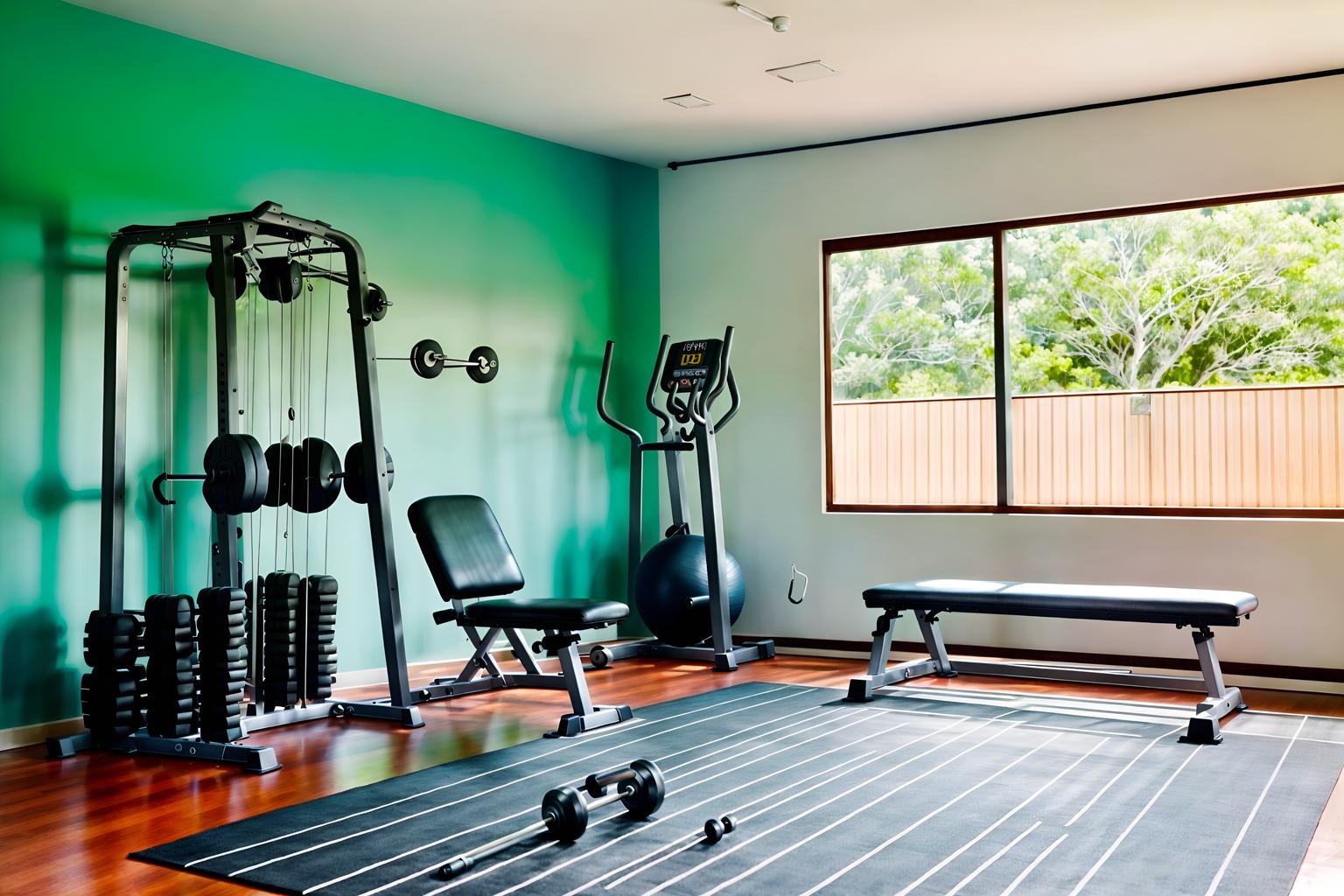 midcentury modern-style (fitness gym interior) with crosstrainer and bench press and squat rack and dumbbell stand and exercise bicycle and crosstrainer. . with minimalist and clean lines and integrating indoor and outdoor motifs and organic and geometric shapes and vibrant colors and graphic shapes and natural and manmade materials and function over form. . cinematic photo, highly detailed, cinematic lighting, ultra-detailed, ultrarealistic, photorealism, 8k. midcentury modern interior design style. masterpiece, cinematic light, ultrarealistic+, photorealistic+, 8k, raw photo, realistic, sharp focus on eyes, (symmetrical eyes), (intact eyes), hyperrealistic, highest quality, best quality, , highly detailed, masterpiece, best quality, extremely detailed 8k wallpaper, masterpiece, best quality, ultra-detailed, best shadow, detailed background, detailed face, detailed eyes, high contrast, best illumination, detailed face, dulux, caustic, dynamic angle, detailed glow. dramatic lighting. highly detailed, insanely detailed hair, symmetrical, intricate details, professionally retouched, 8k high definition. strong bokeh. award winning photo.