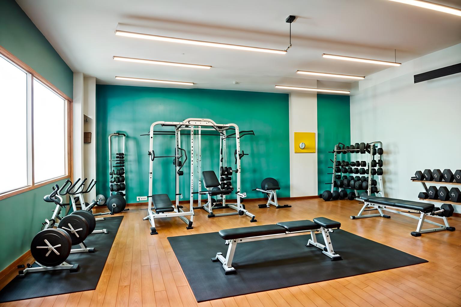 midcentury modern-style (fitness gym interior) with crosstrainer and bench press and squat rack and dumbbell stand and exercise bicycle and crosstrainer. . with minimalist and clean lines and integrating indoor and outdoor motifs and organic and geometric shapes and vibrant colors and graphic shapes and natural and manmade materials and function over form. . cinematic photo, highly detailed, cinematic lighting, ultra-detailed, ultrarealistic, photorealism, 8k. midcentury modern interior design style. masterpiece, cinematic light, ultrarealistic+, photorealistic+, 8k, raw photo, realistic, sharp focus on eyes, (symmetrical eyes), (intact eyes), hyperrealistic, highest quality, best quality, , highly detailed, masterpiece, best quality, extremely detailed 8k wallpaper, masterpiece, best quality, ultra-detailed, best shadow, detailed background, detailed face, detailed eyes, high contrast, best illumination, detailed face, dulux, caustic, dynamic angle, detailed glow. dramatic lighting. highly detailed, insanely detailed hair, symmetrical, intricate details, professionally retouched, 8k high definition. strong bokeh. award winning photo.