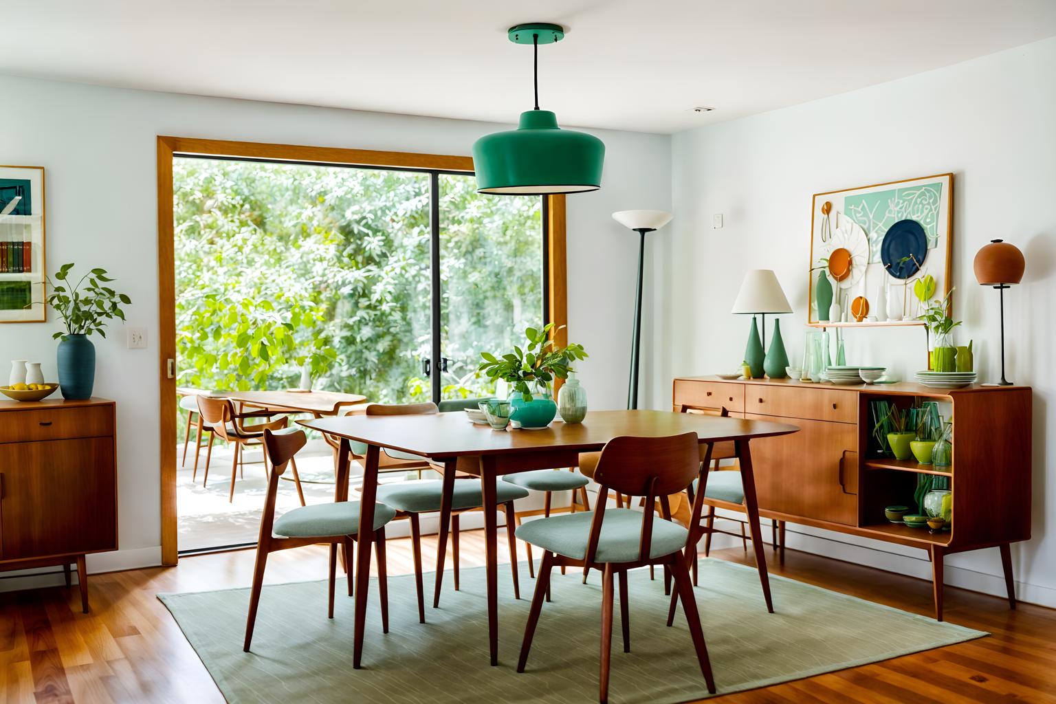 midcentury modern-style (dining room interior) with bookshelves and table cloth and vase and dining table chairs and dining table and plant and plates, cutlery and glasses on dining table and painting or photo on wall. . with integrating indoor and outdoor motifs and clean lines and muted tones and vibrant colors and minimalist and function over form and wood pendant light mid century modern chandelier and nature indoors. . cinematic photo, highly detailed, cinematic lighting, ultra-detailed, ultrarealistic, photorealism, 8k. midcentury modern interior design style. masterpiece, cinematic light, ultrarealistic+, photorealistic+, 8k, raw photo, realistic, sharp focus on eyes, (symmetrical eyes), (intact eyes), hyperrealistic, highest quality, best quality, , highly detailed, masterpiece, best quality, extremely detailed 8k wallpaper, masterpiece, best quality, ultra-detailed, best shadow, detailed background, detailed face, detailed eyes, high contrast, best illumination, detailed face, dulux, caustic, dynamic angle, detailed glow. dramatic lighting. highly detailed, insanely detailed hair, symmetrical, intricate details, professionally retouched, 8k high definition. strong bokeh. award winning photo.