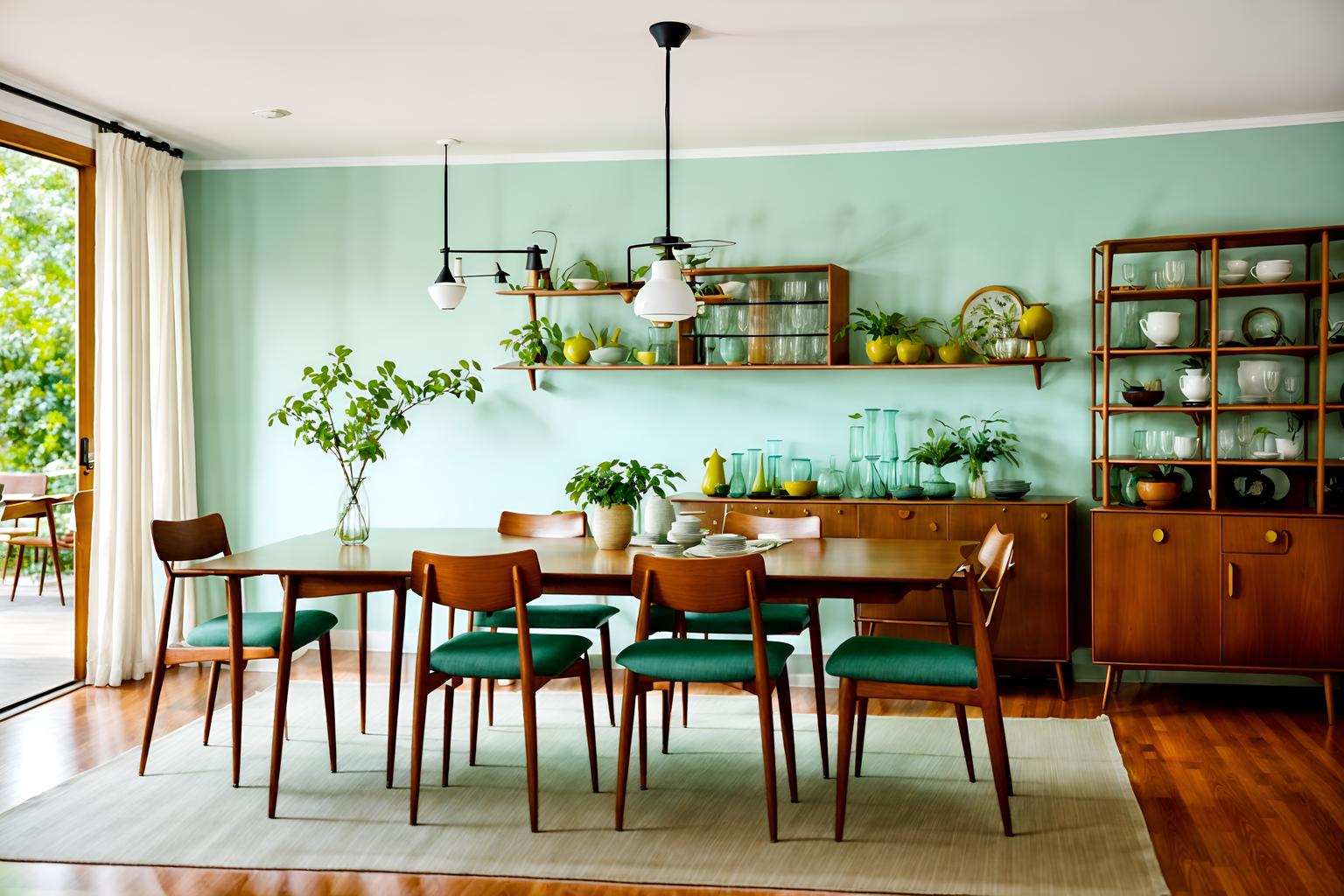 midcentury modern-style (dining room interior) with bookshelves and table cloth and vase and dining table chairs and dining table and plant and plates, cutlery and glasses on dining table and painting or photo on wall. . with integrating indoor and outdoor motifs and clean lines and muted tones and vibrant colors and minimalist and function over form and wood pendant light mid century modern chandelier and nature indoors. . cinematic photo, highly detailed, cinematic lighting, ultra-detailed, ultrarealistic, photorealism, 8k. midcentury modern interior design style. masterpiece, cinematic light, ultrarealistic+, photorealistic+, 8k, raw photo, realistic, sharp focus on eyes, (symmetrical eyes), (intact eyes), hyperrealistic, highest quality, best quality, , highly detailed, masterpiece, best quality, extremely detailed 8k wallpaper, masterpiece, best quality, ultra-detailed, best shadow, detailed background, detailed face, detailed eyes, high contrast, best illumination, detailed face, dulux, caustic, dynamic angle, detailed glow. dramatic lighting. highly detailed, insanely detailed hair, symmetrical, intricate details, professionally retouched, 8k high definition. strong bokeh. award winning photo.