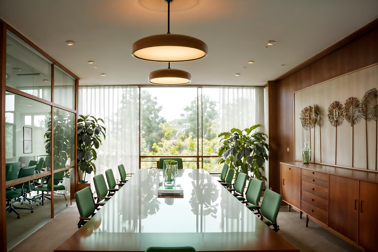 midcentury modern-style (meeting room interior) with glass walls and painting or photo on wall and glass doors and cabinets and office chairs and plant and vase and boardroom table. . with nature indoors and muted tones and wood pendant light mid century modern chandelier and integrating indoor and outdoor motifs and clean lines and vibrant colors and minimalist and organic and geometric shapes. . cinematic photo, highly detailed, cinematic lighting, ultra-detailed, ultrarealistic, photorealism, 8k. midcentury modern interior design style. masterpiece, cinematic light, ultrarealistic+, photorealistic+, 8k, raw photo, realistic, sharp focus on eyes, (symmetrical eyes), (intact eyes), hyperrealistic, highest quality, best quality, , highly detailed, masterpiece, best quality, extremely detailed 8k wallpaper, masterpiece, best quality, ultra-detailed, best shadow, detailed background, detailed face, detailed eyes, high contrast, best illumination, detailed face, dulux, caustic, dynamic angle, detailed glow. dramatic lighting. highly detailed, insanely detailed hair, symmetrical, intricate details, professionally retouched, 8k high definition. strong bokeh. award winning photo.