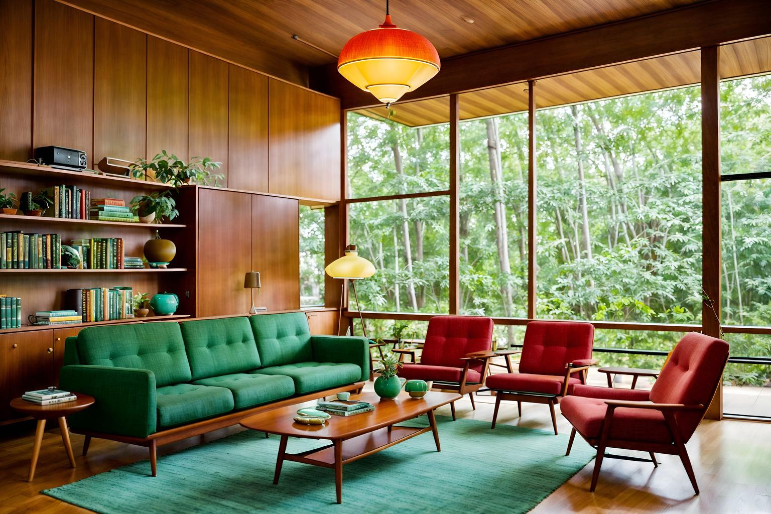 midcentury modern-style (living room interior) with plant and bookshelves and chairs and electric lamps and furniture and sofa and coffee tables and televisions. . with integrating indoor and outdoor motifs and vibrant colors and natural and manmade materials and wood pendant light mid century modern chandelier and function over form and minimalist and mid century modern mobile chandelier and nature indoors. . cinematic photo, highly detailed, cinematic lighting, ultra-detailed, ultrarealistic, photorealism, 8k. midcentury modern interior design style. masterpiece, cinematic light, ultrarealistic+, photorealistic+, 8k, raw photo, realistic, sharp focus on eyes, (symmetrical eyes), (intact eyes), hyperrealistic, highest quality, best quality, , highly detailed, masterpiece, best quality, extremely detailed 8k wallpaper, masterpiece, best quality, ultra-detailed, best shadow, detailed background, detailed face, detailed eyes, high contrast, best illumination, detailed face, dulux, caustic, dynamic angle, detailed glow. dramatic lighting. highly detailed, insanely detailed hair, symmetrical, intricate details, professionally retouched, 8k high definition. strong bokeh. award winning photo.