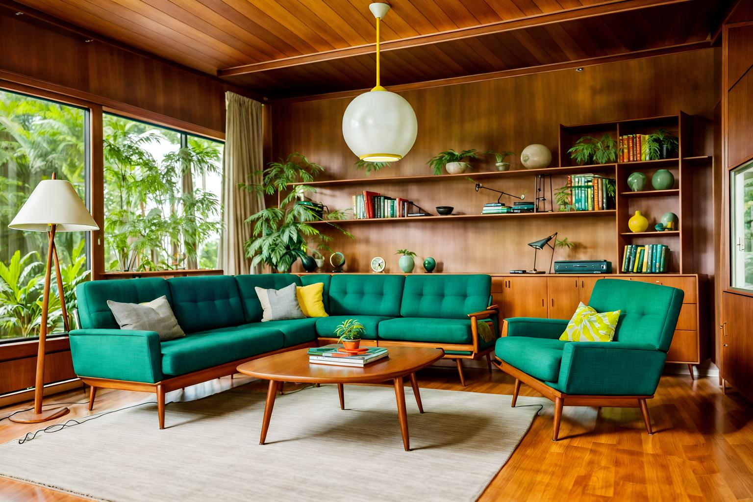 midcentury modern-style (living room interior) with plant and bookshelves and chairs and electric lamps and furniture and sofa and coffee tables and televisions. . with integrating indoor and outdoor motifs and vibrant colors and natural and manmade materials and wood pendant light mid century modern chandelier and function over form and minimalist and mid century modern mobile chandelier and nature indoors. . cinematic photo, highly detailed, cinematic lighting, ultra-detailed, ultrarealistic, photorealism, 8k. midcentury modern interior design style. masterpiece, cinematic light, ultrarealistic+, photorealistic+, 8k, raw photo, realistic, sharp focus on eyes, (symmetrical eyes), (intact eyes), hyperrealistic, highest quality, best quality, , highly detailed, masterpiece, best quality, extremely detailed 8k wallpaper, masterpiece, best quality, ultra-detailed, best shadow, detailed background, detailed face, detailed eyes, high contrast, best illumination, detailed face, dulux, caustic, dynamic angle, detailed glow. dramatic lighting. highly detailed, insanely detailed hair, symmetrical, intricate details, professionally retouched, 8k high definition. strong bokeh. award winning photo.