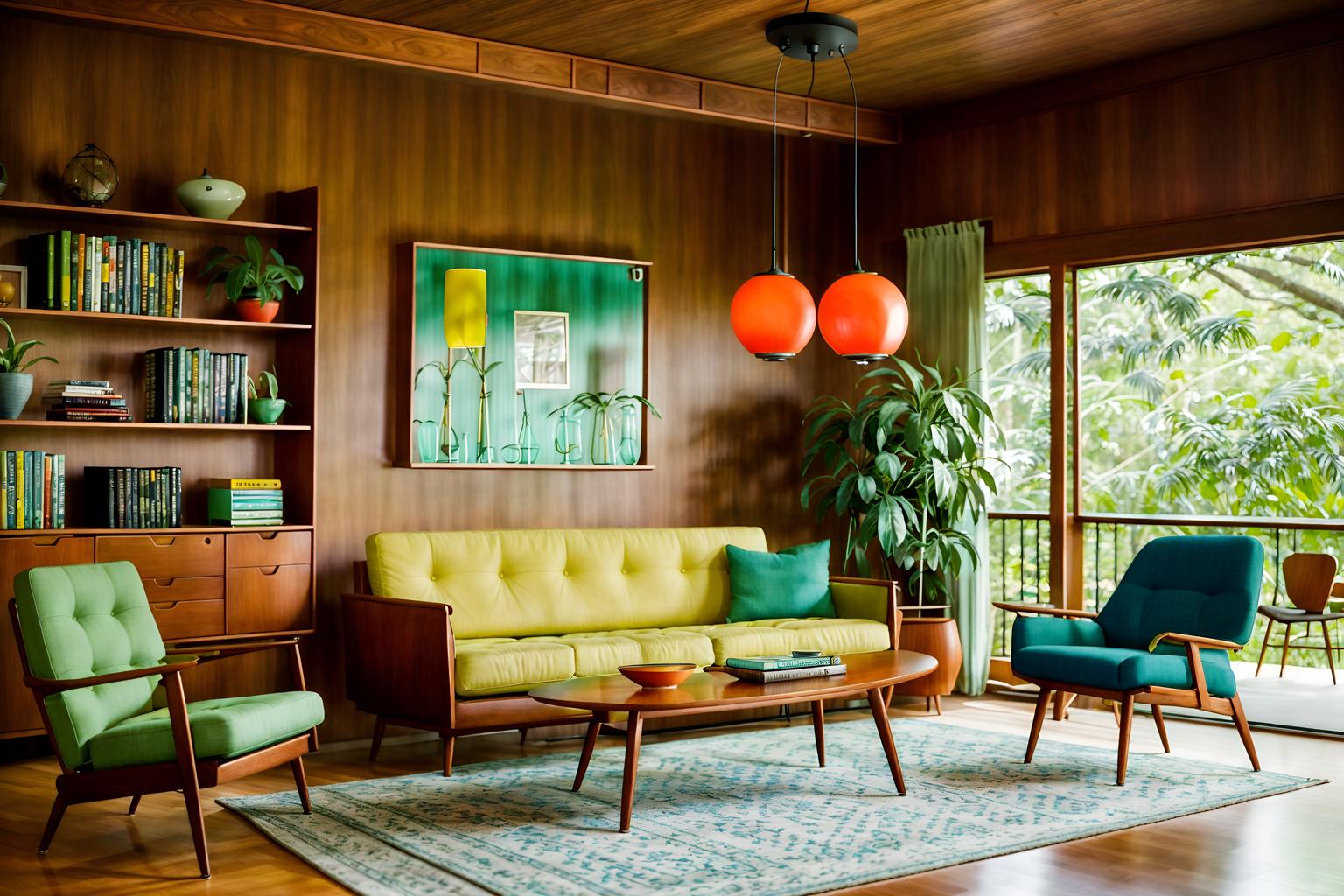 midcentury modern-style (living room interior) with plant and bookshelves and chairs and electric lamps and furniture and sofa and coffee tables and televisions. . with integrating indoor and outdoor motifs and vibrant colors and natural and manmade materials and wood pendant light mid century modern chandelier and function over form and minimalist and mid century modern mobile chandelier and nature indoors. . cinematic photo, highly detailed, cinematic lighting, ultra-detailed, ultrarealistic, photorealism, 8k. midcentury modern interior design style. masterpiece, cinematic light, ultrarealistic+, photorealistic+, 8k, raw photo, realistic, sharp focus on eyes, (symmetrical eyes), (intact eyes), hyperrealistic, highest quality, best quality, , highly detailed, masterpiece, best quality, extremely detailed 8k wallpaper, masterpiece, best quality, ultra-detailed, best shadow, detailed background, detailed face, detailed eyes, high contrast, best illumination, detailed face, dulux, caustic, dynamic angle, detailed glow. dramatic lighting. highly detailed, insanely detailed hair, symmetrical, intricate details, professionally retouched, 8k high definition. strong bokeh. award winning photo.
