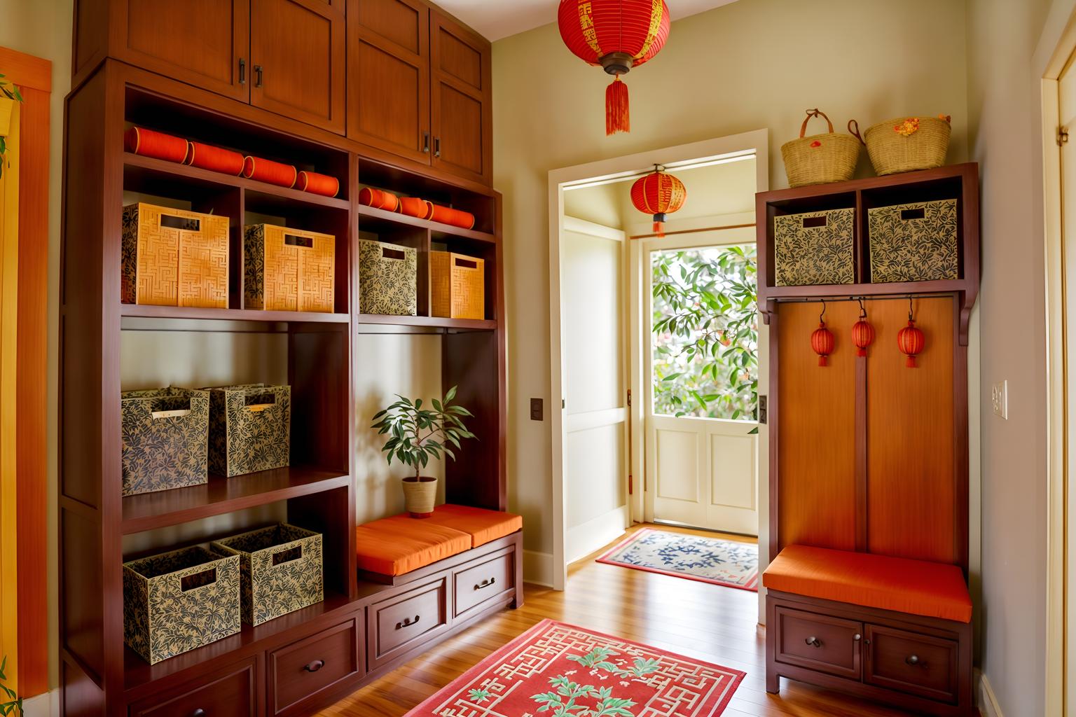 chinese new year-style (mudroom interior) with cubbies and storage baskets and wall hooks for coats and storage drawers and shelves for shoes and high up storage and a bench and cabinets. . with orange trees and door couplets and kumquat trees and mei hwa flowers and money tree and paper firecrackers and paper cuttings and chinese red lanterns. . cinematic photo, highly detailed, cinematic lighting, ultra-detailed, ultrarealistic, photorealism, 8k. chinese new year interior design style. masterpiece, cinematic light, ultrarealistic+, photorealistic+, 8k, raw photo, realistic, sharp focus on eyes, (symmetrical eyes), (intact eyes), hyperrealistic, highest quality, best quality, , highly detailed, masterpiece, best quality, extremely detailed 8k wallpaper, masterpiece, best quality, ultra-detailed, best shadow, detailed background, detailed face, detailed eyes, high contrast, best illumination, detailed face, dulux, caustic, dynamic angle, detailed glow. dramatic lighting. highly detailed, insanely detailed hair, symmetrical, intricate details, professionally retouched, 8k high definition. strong bokeh. award winning photo.