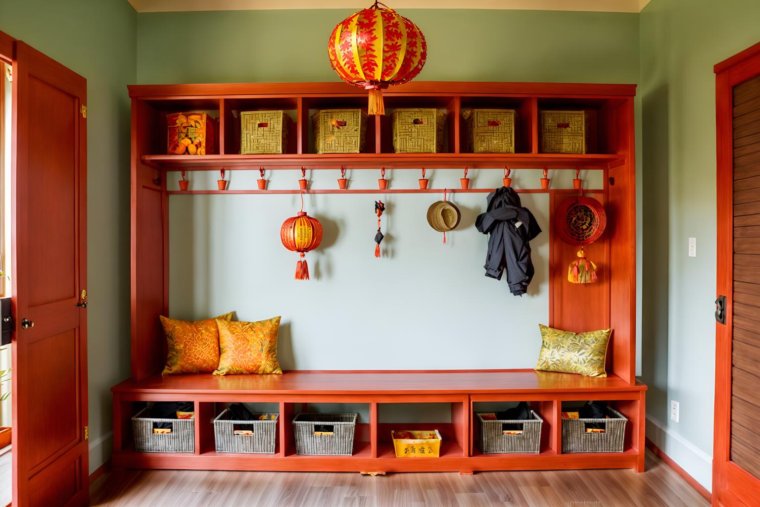 chinese new year-style (mudroom interior) with cubbies and storage baskets and wall hooks for coats and storage drawers and shelves for shoes and high up storage and a bench and cabinets. . with orange trees and door couplets and kumquat trees and mei hwa flowers and money tree and paper firecrackers and paper cuttings and chinese red lanterns. . cinematic photo, highly detailed, cinematic lighting, ultra-detailed, ultrarealistic, photorealism, 8k. chinese new year interior design style. masterpiece, cinematic light, ultrarealistic+, photorealistic+, 8k, raw photo, realistic, sharp focus on eyes, (symmetrical eyes), (intact eyes), hyperrealistic, highest quality, best quality, , highly detailed, masterpiece, best quality, extremely detailed 8k wallpaper, masterpiece, best quality, ultra-detailed, best shadow, detailed background, detailed face, detailed eyes, high contrast, best illumination, detailed face, dulux, caustic, dynamic angle, detailed glow. dramatic lighting. highly detailed, insanely detailed hair, symmetrical, intricate details, professionally retouched, 8k high definition. strong bokeh. award winning photo.