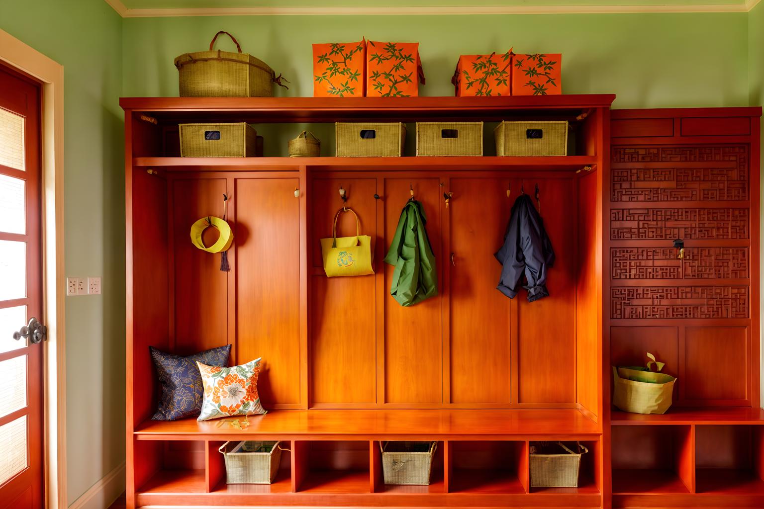 chinese new year-style (mudroom interior) with cubbies and storage baskets and wall hooks for coats and storage drawers and shelves for shoes and high up storage and a bench and cabinets. . with orange trees and door couplets and kumquat trees and mei hwa flowers and money tree and paper firecrackers and paper cuttings and chinese red lanterns. . cinematic photo, highly detailed, cinematic lighting, ultra-detailed, ultrarealistic, photorealism, 8k. chinese new year interior design style. masterpiece, cinematic light, ultrarealistic+, photorealistic+, 8k, raw photo, realistic, sharp focus on eyes, (symmetrical eyes), (intact eyes), hyperrealistic, highest quality, best quality, , highly detailed, masterpiece, best quality, extremely detailed 8k wallpaper, masterpiece, best quality, ultra-detailed, best shadow, detailed background, detailed face, detailed eyes, high contrast, best illumination, detailed face, dulux, caustic, dynamic angle, detailed glow. dramatic lighting. highly detailed, insanely detailed hair, symmetrical, intricate details, professionally retouched, 8k high definition. strong bokeh. award winning photo.