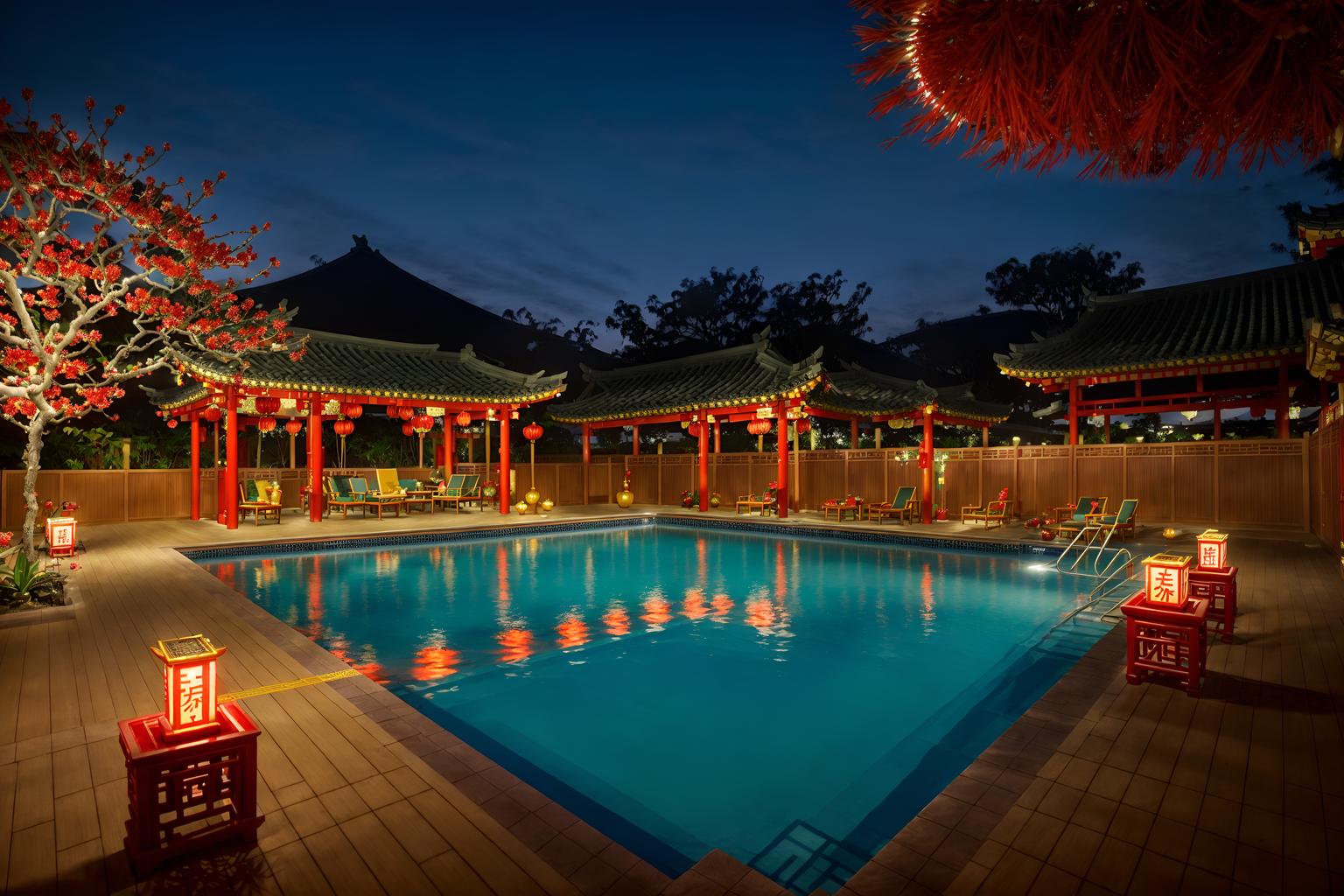 chinese new year-style designed (outdoor pool area ) with pool lights and pool and pool lounge chairs and pool lights. . with red and gold candles and red and gold tassels and mei hwa flowers and money tree and paper firecrackers and orange trees and vases of plum blossoms and orchids and door couplets. . cinematic photo, highly detailed, cinematic lighting, ultra-detailed, ultrarealistic, photorealism, 8k. chinese new year design style. masterpiece, cinematic light, ultrarealistic+, photorealistic+, 8k, raw photo, realistic, sharp focus on eyes, (symmetrical eyes), (intact eyes), hyperrealistic, highest quality, best quality, , highly detailed, masterpiece, best quality, extremely detailed 8k wallpaper, masterpiece, best quality, ultra-detailed, best shadow, detailed background, detailed face, detailed eyes, high contrast, best illumination, detailed face, dulux, caustic, dynamic angle, detailed glow. dramatic lighting. highly detailed, insanely detailed hair, symmetrical, intricate details, professionally retouched, 8k high definition. strong bokeh. award winning photo.
