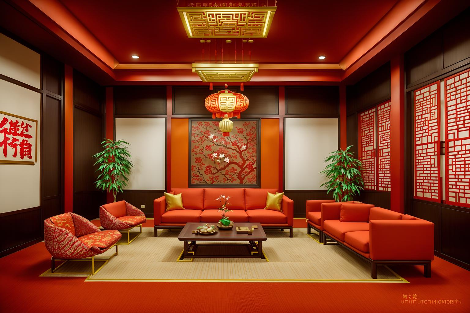 chinese new year-style (coworking space interior) with office desks and office chairs and seating area with sofa and lounge chairs and office desks. . with paper firecrackers and money tree and chinese knots and door couplets and red and gold candles and orange trees and vases of plum blossoms and orchids and mei hwa flowers. . cinematic photo, highly detailed, cinematic lighting, ultra-detailed, ultrarealistic, photorealism, 8k. chinese new year interior design style. masterpiece, cinematic light, ultrarealistic+, photorealistic+, 8k, raw photo, realistic, sharp focus on eyes, (symmetrical eyes), (intact eyes), hyperrealistic, highest quality, best quality, , highly detailed, masterpiece, best quality, extremely detailed 8k wallpaper, masterpiece, best quality, ultra-detailed, best shadow, detailed background, detailed face, detailed eyes, high contrast, best illumination, detailed face, dulux, caustic, dynamic angle, detailed glow. dramatic lighting. highly detailed, insanely detailed hair, symmetrical, intricate details, professionally retouched, 8k high definition. strong bokeh. award winning photo.