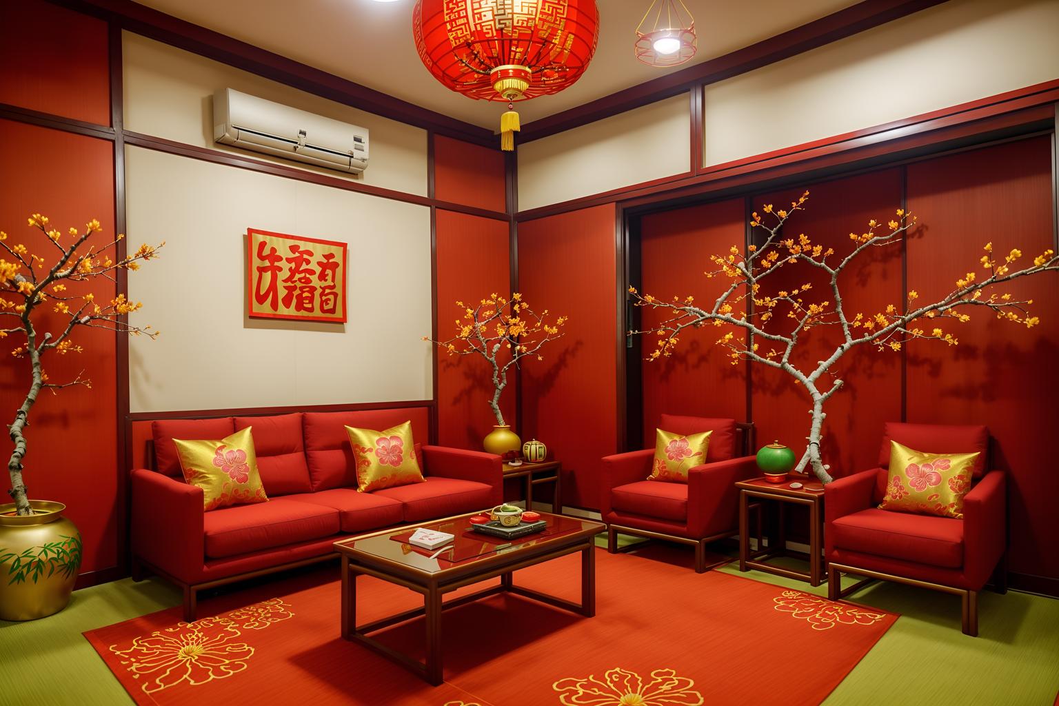 chinese new year-style (coworking space interior) with office desks and office chairs and seating area with sofa and lounge chairs and office desks. . with paper firecrackers and money tree and chinese knots and door couplets and red and gold candles and orange trees and vases of plum blossoms and orchids and mei hwa flowers. . cinematic photo, highly detailed, cinematic lighting, ultra-detailed, ultrarealistic, photorealism, 8k. chinese new year interior design style. masterpiece, cinematic light, ultrarealistic+, photorealistic+, 8k, raw photo, realistic, sharp focus on eyes, (symmetrical eyes), (intact eyes), hyperrealistic, highest quality, best quality, , highly detailed, masterpiece, best quality, extremely detailed 8k wallpaper, masterpiece, best quality, ultra-detailed, best shadow, detailed background, detailed face, detailed eyes, high contrast, best illumination, detailed face, dulux, caustic, dynamic angle, detailed glow. dramatic lighting. highly detailed, insanely detailed hair, symmetrical, intricate details, professionally retouched, 8k high definition. strong bokeh. award winning photo.