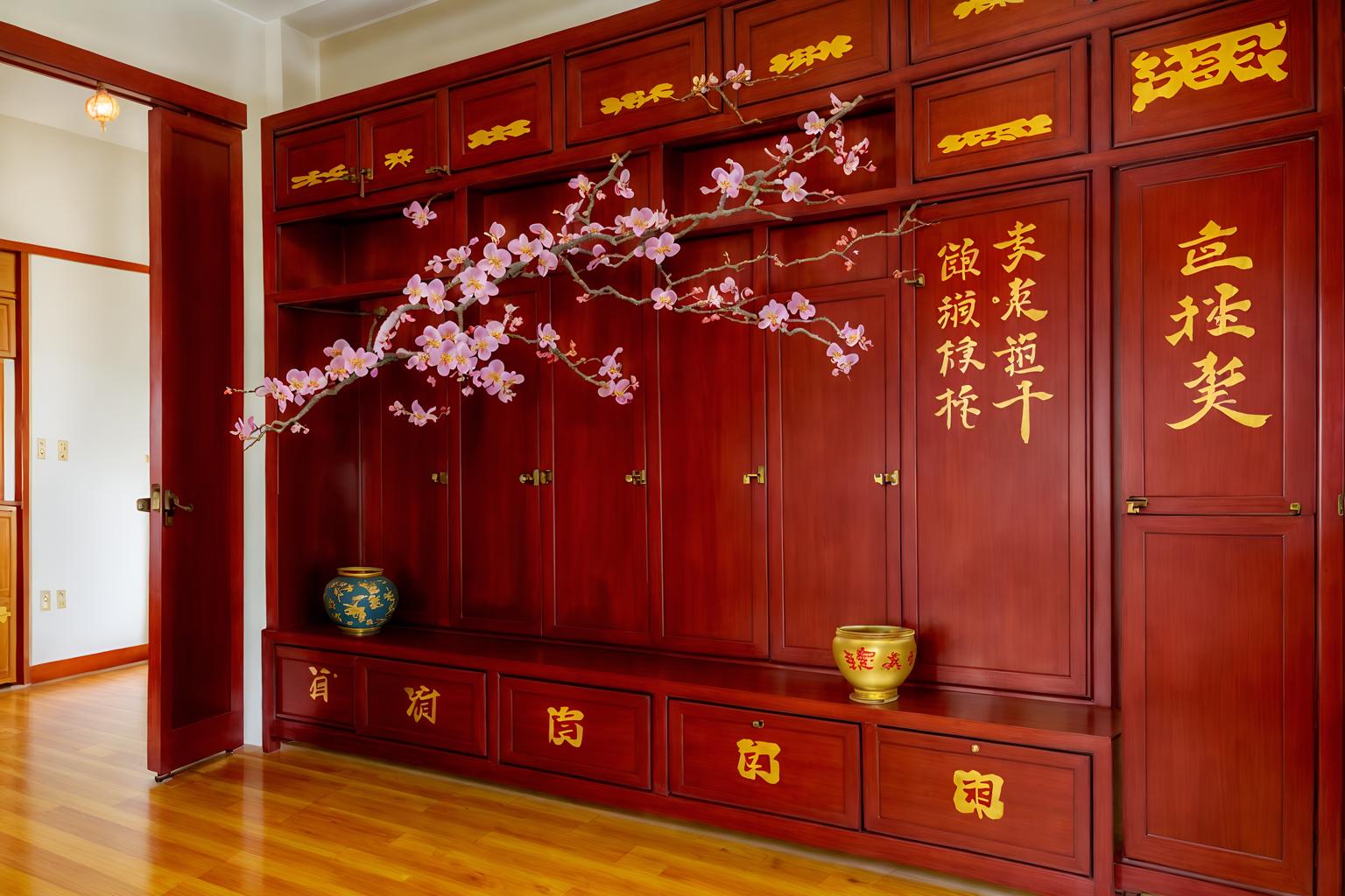 chinese new year-style (drop zone interior) with cabinets and wall hooks for coats and high up storage and cubbies and storage drawers and shelves for shoes and a bench and lockers. . with vases of plum blossoms and orchids and orange trees and chinese knots and door couplets and chinese red lanterns and red and gold candles and fai chun banners and paper firecrackers. . cinematic photo, highly detailed, cinematic lighting, ultra-detailed, ultrarealistic, photorealism, 8k. chinese new year interior design style. masterpiece, cinematic light, ultrarealistic+, photorealistic+, 8k, raw photo, realistic, sharp focus on eyes, (symmetrical eyes), (intact eyes), hyperrealistic, highest quality, best quality, , highly detailed, masterpiece, best quality, extremely detailed 8k wallpaper, masterpiece, best quality, ultra-detailed, best shadow, detailed background, detailed face, detailed eyes, high contrast, best illumination, detailed face, dulux, caustic, dynamic angle, detailed glow. dramatic lighting. highly detailed, insanely detailed hair, symmetrical, intricate details, professionally retouched, 8k high definition. strong bokeh. award winning photo.