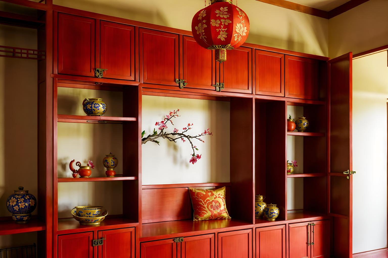 chinese new year-style (drop zone interior) with cabinets and wall hooks for coats and high up storage and cubbies and storage drawers and shelves for shoes and a bench and lockers. . with vases of plum blossoms and orchids and orange trees and chinese knots and door couplets and chinese red lanterns and red and gold candles and fai chun banners and paper firecrackers. . cinematic photo, highly detailed, cinematic lighting, ultra-detailed, ultrarealistic, photorealism, 8k. chinese new year interior design style. masterpiece, cinematic light, ultrarealistic+, photorealistic+, 8k, raw photo, realistic, sharp focus on eyes, (symmetrical eyes), (intact eyes), hyperrealistic, highest quality, best quality, , highly detailed, masterpiece, best quality, extremely detailed 8k wallpaper, masterpiece, best quality, ultra-detailed, best shadow, detailed background, detailed face, detailed eyes, high contrast, best illumination, detailed face, dulux, caustic, dynamic angle, detailed glow. dramatic lighting. highly detailed, insanely detailed hair, symmetrical, intricate details, professionally retouched, 8k high definition. strong bokeh. award winning photo.