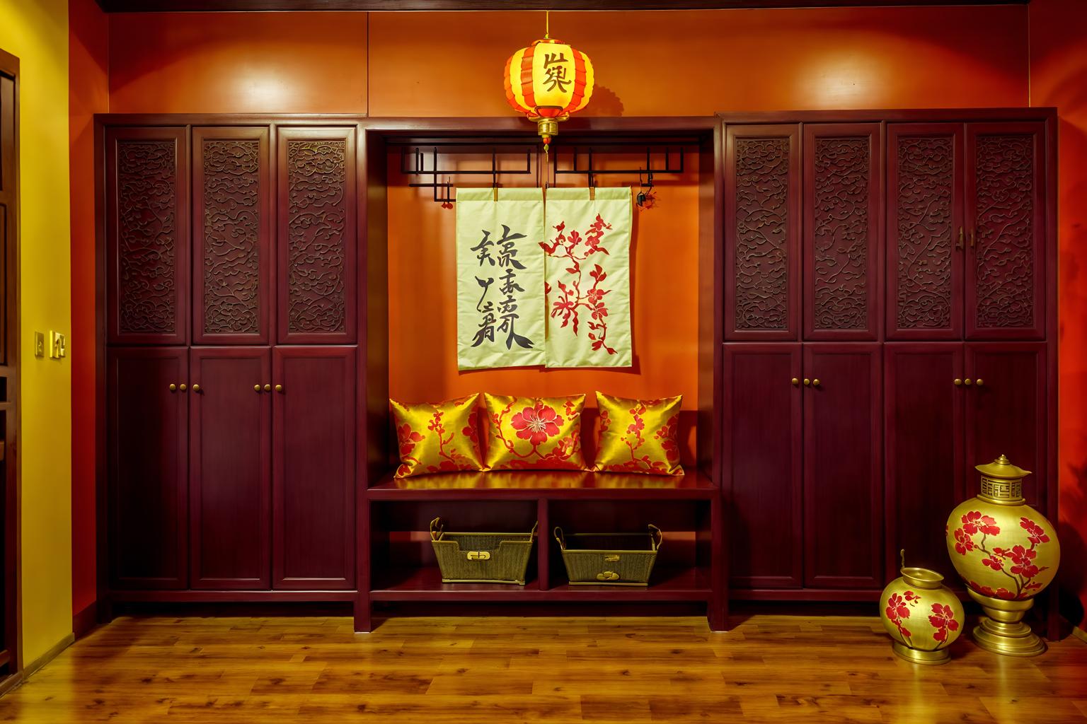 chinese new year-style (drop zone interior) with cabinets and wall hooks for coats and high up storage and cubbies and storage drawers and shelves for shoes and a bench and lockers. . with vases of plum blossoms and orchids and orange trees and chinese knots and door couplets and chinese red lanterns and red and gold candles and fai chun banners and paper firecrackers. . cinematic photo, highly detailed, cinematic lighting, ultra-detailed, ultrarealistic, photorealism, 8k. chinese new year interior design style. masterpiece, cinematic light, ultrarealistic+, photorealistic+, 8k, raw photo, realistic, sharp focus on eyes, (symmetrical eyes), (intact eyes), hyperrealistic, highest quality, best quality, , highly detailed, masterpiece, best quality, extremely detailed 8k wallpaper, masterpiece, best quality, ultra-detailed, best shadow, detailed background, detailed face, detailed eyes, high contrast, best illumination, detailed face, dulux, caustic, dynamic angle, detailed glow. dramatic lighting. highly detailed, insanely detailed hair, symmetrical, intricate details, professionally retouched, 8k high definition. strong bokeh. award winning photo.