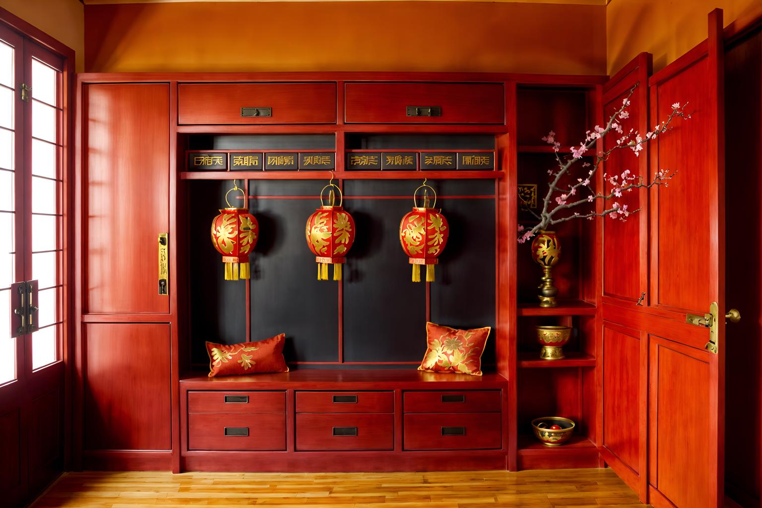 chinese new year-style (drop zone interior) with cabinets and wall hooks for coats and high up storage and cubbies and storage drawers and shelves for shoes and a bench and lockers. . with vases of plum blossoms and orchids and orange trees and chinese knots and door couplets and chinese red lanterns and red and gold candles and fai chun banners and paper firecrackers. . cinematic photo, highly detailed, cinematic lighting, ultra-detailed, ultrarealistic, photorealism, 8k. chinese new year interior design style. masterpiece, cinematic light, ultrarealistic+, photorealistic+, 8k, raw photo, realistic, sharp focus on eyes, (symmetrical eyes), (intact eyes), hyperrealistic, highest quality, best quality, , highly detailed, masterpiece, best quality, extremely detailed 8k wallpaper, masterpiece, best quality, ultra-detailed, best shadow, detailed background, detailed face, detailed eyes, high contrast, best illumination, detailed face, dulux, caustic, dynamic angle, detailed glow. dramatic lighting. highly detailed, insanely detailed hair, symmetrical, intricate details, professionally retouched, 8k high definition. strong bokeh. award winning photo.