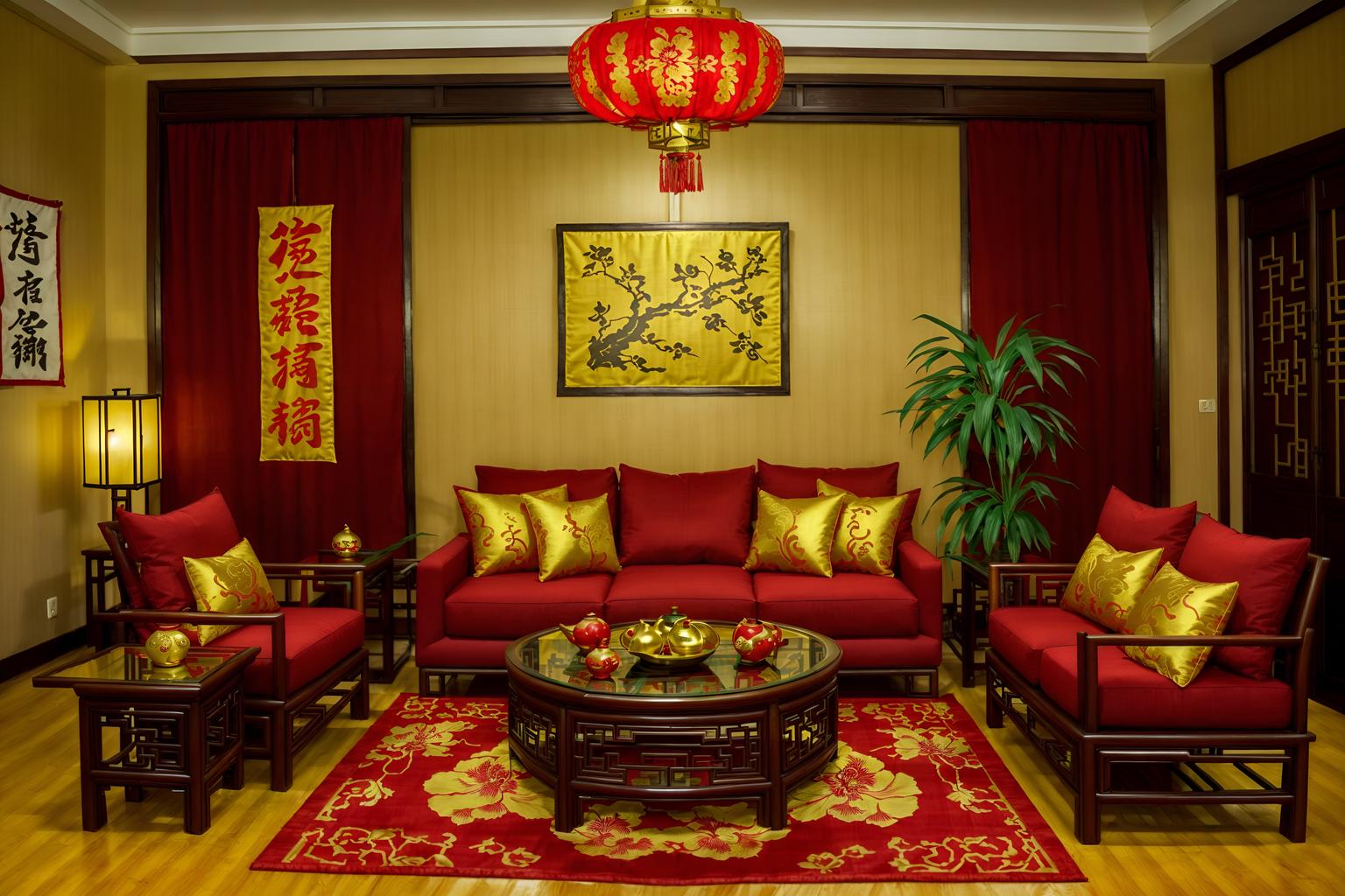 chinese new year-style (living room interior) with plant and occasional tables and televisions and furniture and electric lamps and coffee tables and rug and chairs. . with gold ingots and door couplets and vases of plum blossoms and orchids and chinese red lanterns and fai chun banners and red and gold tassels and red fabric & pillows and paper cuttings. . cinematic photo, highly detailed, cinematic lighting, ultra-detailed, ultrarealistic, photorealism, 8k. chinese new year interior design style. masterpiece, cinematic light, ultrarealistic+, photorealistic+, 8k, raw photo, realistic, sharp focus on eyes, (symmetrical eyes), (intact eyes), hyperrealistic, highest quality, best quality, , highly detailed, masterpiece, best quality, extremely detailed 8k wallpaper, masterpiece, best quality, ultra-detailed, best shadow, detailed background, detailed face, detailed eyes, high contrast, best illumination, detailed face, dulux, caustic, dynamic angle, detailed glow. dramatic lighting. highly detailed, insanely detailed hair, symmetrical, intricate details, professionally retouched, 8k high definition. strong bokeh. award winning photo.