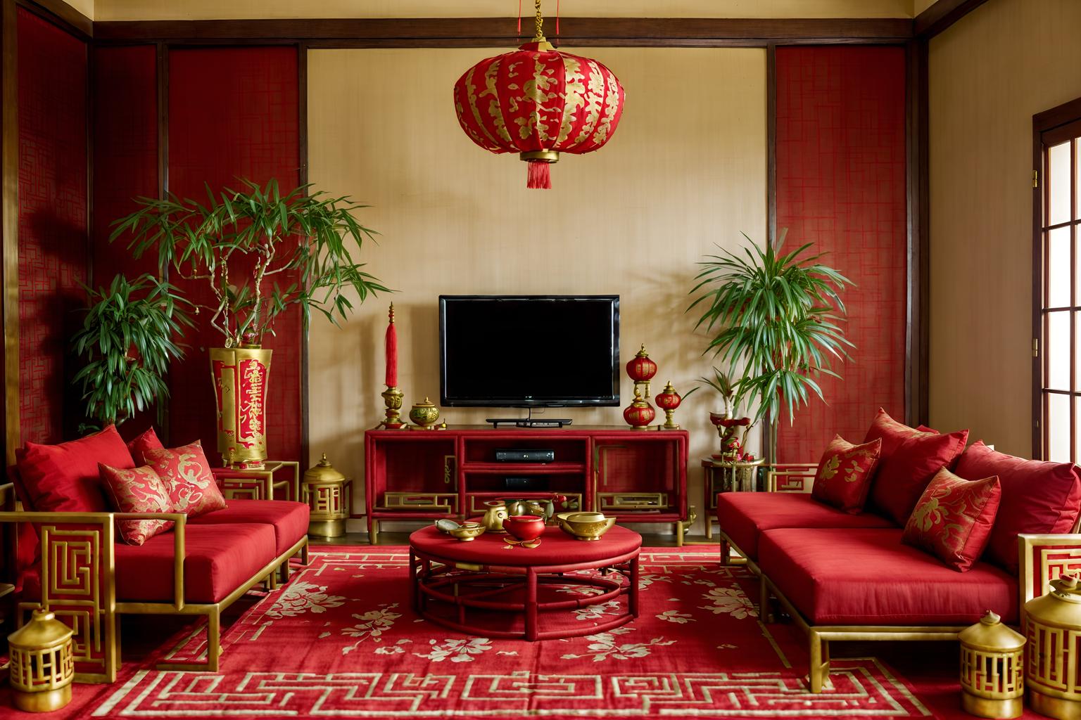 chinese new year-style (living room interior) with plant and occasional tables and televisions and furniture and electric lamps and coffee tables and rug and chairs. . with gold ingots and door couplets and vases of plum blossoms and orchids and chinese red lanterns and fai chun banners and red and gold tassels and red fabric & pillows and paper cuttings. . cinematic photo, highly detailed, cinematic lighting, ultra-detailed, ultrarealistic, photorealism, 8k. chinese new year interior design style. masterpiece, cinematic light, ultrarealistic+, photorealistic+, 8k, raw photo, realistic, sharp focus on eyes, (symmetrical eyes), (intact eyes), hyperrealistic, highest quality, best quality, , highly detailed, masterpiece, best quality, extremely detailed 8k wallpaper, masterpiece, best quality, ultra-detailed, best shadow, detailed background, detailed face, detailed eyes, high contrast, best illumination, detailed face, dulux, caustic, dynamic angle, detailed glow. dramatic lighting. highly detailed, insanely detailed hair, symmetrical, intricate details, professionally retouched, 8k high definition. strong bokeh. award winning photo.
