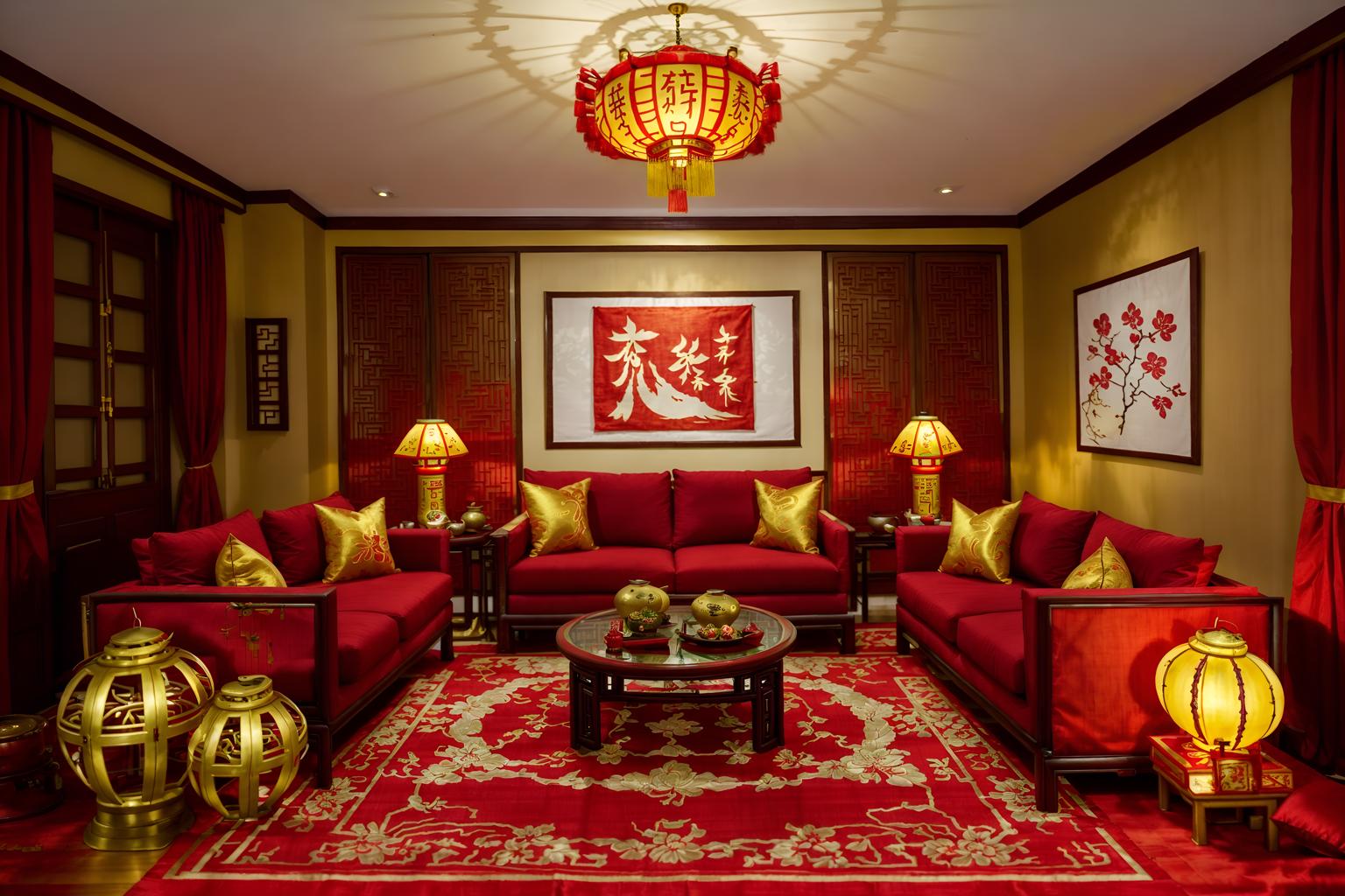 chinese new year-style (living room interior) with plant and occasional tables and televisions and furniture and electric lamps and coffee tables and rug and chairs. . with gold ingots and door couplets and vases of plum blossoms and orchids and chinese red lanterns and fai chun banners and red and gold tassels and red fabric & pillows and paper cuttings. . cinematic photo, highly detailed, cinematic lighting, ultra-detailed, ultrarealistic, photorealism, 8k. chinese new year interior design style. masterpiece, cinematic light, ultrarealistic+, photorealistic+, 8k, raw photo, realistic, sharp focus on eyes, (symmetrical eyes), (intact eyes), hyperrealistic, highest quality, best quality, , highly detailed, masterpiece, best quality, extremely detailed 8k wallpaper, masterpiece, best quality, ultra-detailed, best shadow, detailed background, detailed face, detailed eyes, high contrast, best illumination, detailed face, dulux, caustic, dynamic angle, detailed glow. dramatic lighting. highly detailed, insanely detailed hair, symmetrical, intricate details, professionally retouched, 8k high definition. strong bokeh. award winning photo.