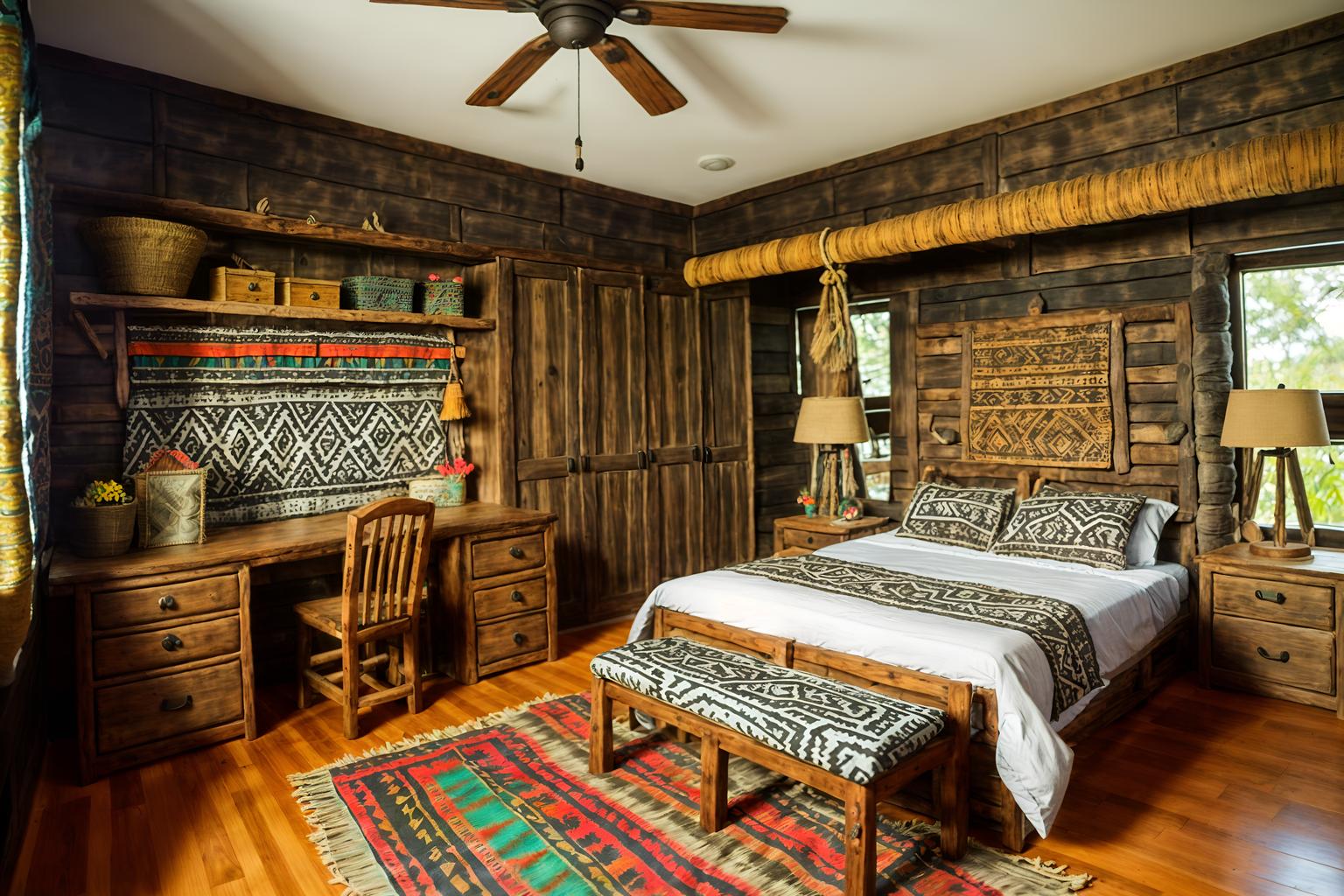 tribal-style (kids room interior) with storage bench or ottoman and dresser closet and kids desk and headboard and bedside table or night stand and plant and mirror and night light. . with planks of stone and animal prints and smooth worn timbers and exuberant splashes of colour and tribal revival and hand dyed batik fabrics and intricate grass weaving and desert colours. . cinematic photo, highly detailed, cinematic lighting, ultra-detailed, ultrarealistic, photorealism, 8k. tribal interior design style. masterpiece, cinematic light, ultrarealistic+, photorealistic+, 8k, raw photo, realistic, sharp focus on eyes, (symmetrical eyes), (intact eyes), hyperrealistic, highest quality, best quality, , highly detailed, masterpiece, best quality, extremely detailed 8k wallpaper, masterpiece, best quality, ultra-detailed, best shadow, detailed background, detailed face, detailed eyes, high contrast, best illumination, detailed face, dulux, caustic, dynamic angle, detailed glow. dramatic lighting. highly detailed, insanely detailed hair, symmetrical, intricate details, professionally retouched, 8k high definition. strong bokeh. award winning photo.