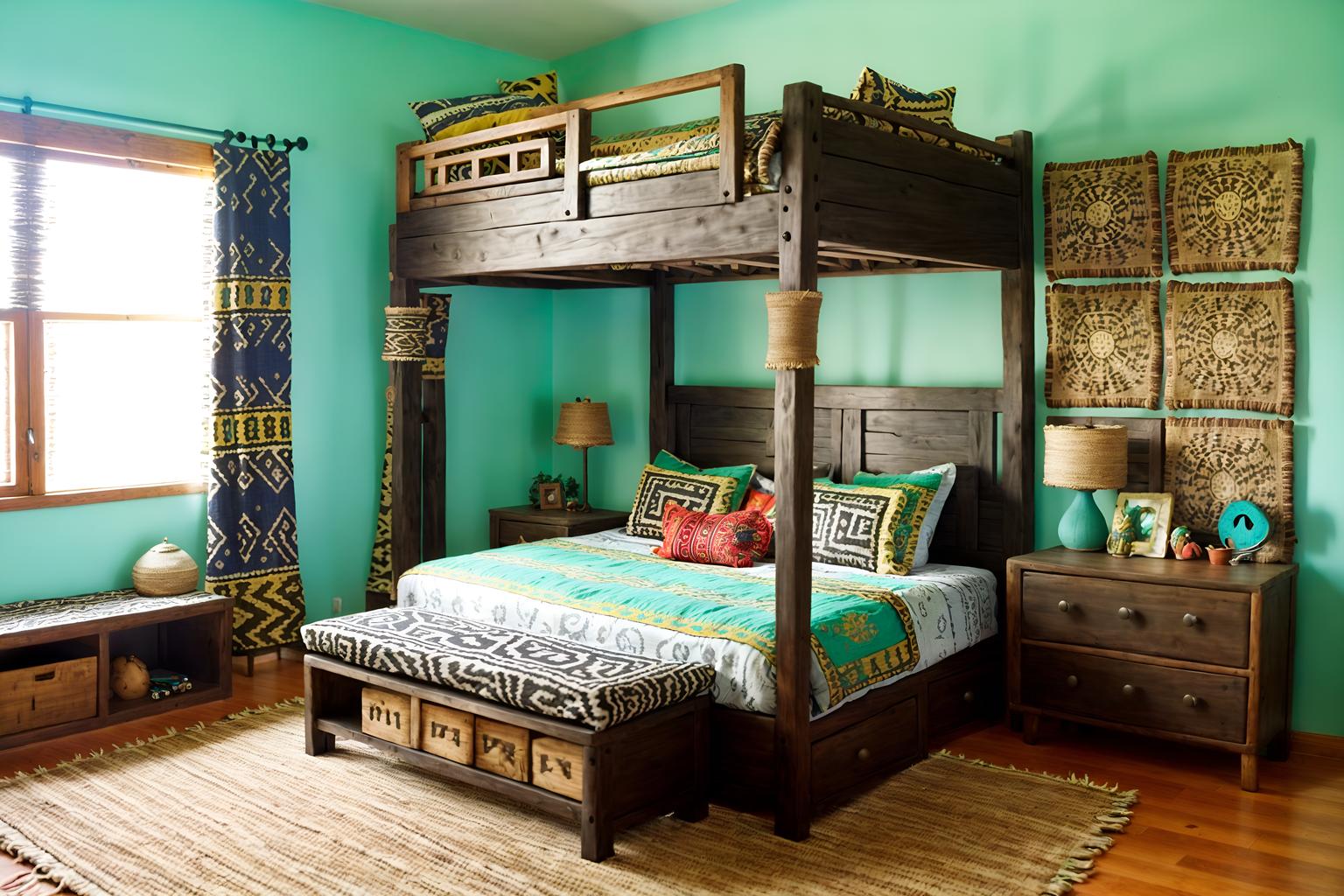 tribal-style (kids room interior) with storage bench or ottoman and dresser closet and kids desk and headboard and bedside table or night stand and plant and mirror and night light. . with planks of stone and animal prints and smooth worn timbers and exuberant splashes of colour and tribal revival and hand dyed batik fabrics and intricate grass weaving and desert colours. . cinematic photo, highly detailed, cinematic lighting, ultra-detailed, ultrarealistic, photorealism, 8k. tribal interior design style. masterpiece, cinematic light, ultrarealistic+, photorealistic+, 8k, raw photo, realistic, sharp focus on eyes, (symmetrical eyes), (intact eyes), hyperrealistic, highest quality, best quality, , highly detailed, masterpiece, best quality, extremely detailed 8k wallpaper, masterpiece, best quality, ultra-detailed, best shadow, detailed background, detailed face, detailed eyes, high contrast, best illumination, detailed face, dulux, caustic, dynamic angle, detailed glow. dramatic lighting. highly detailed, insanely detailed hair, symmetrical, intricate details, professionally retouched, 8k high definition. strong bokeh. award winning photo.