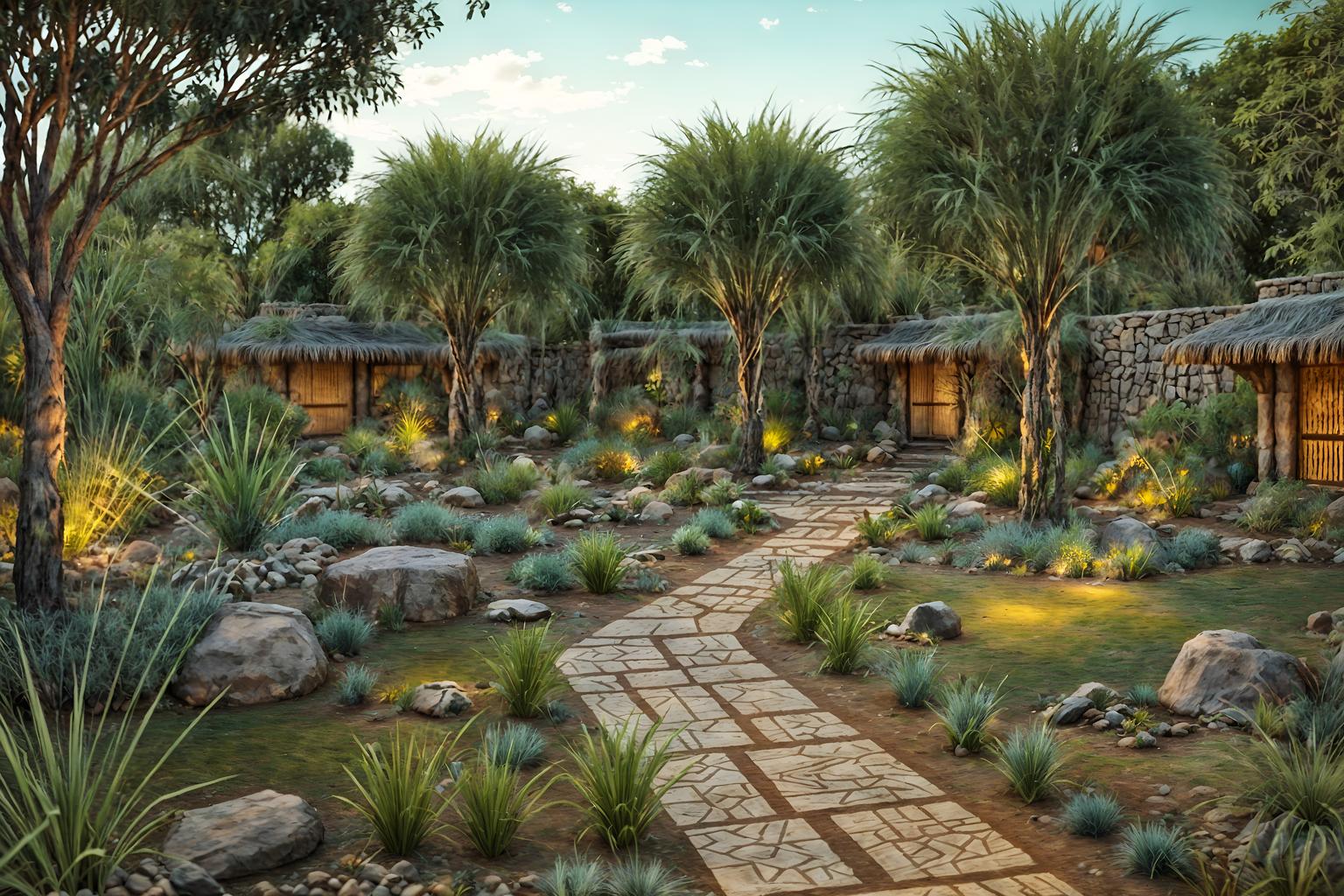 tribal-style designed (outdoor garden ) with grass and garden plants and garden tree and grass. . with intricate grass weaving and desert colours and hand dyed batik fabrics and animal furslinen and tribal patterns and smooth worn timbers and sculptures and artworks and tribal revival. . cinematic photo, highly detailed, cinematic lighting, ultra-detailed, ultrarealistic, photorealism, 8k. tribal design style. masterpiece, cinematic light, ultrarealistic+, photorealistic+, 8k, raw photo, realistic, sharp focus on eyes, (symmetrical eyes), (intact eyes), hyperrealistic, highest quality, best quality, , highly detailed, masterpiece, best quality, extremely detailed 8k wallpaper, masterpiece, best quality, ultra-detailed, best shadow, detailed background, detailed face, detailed eyes, high contrast, best illumination, detailed face, dulux, caustic, dynamic angle, detailed glow. dramatic lighting. highly detailed, insanely detailed hair, symmetrical, intricate details, professionally retouched, 8k high definition. strong bokeh. award winning photo.