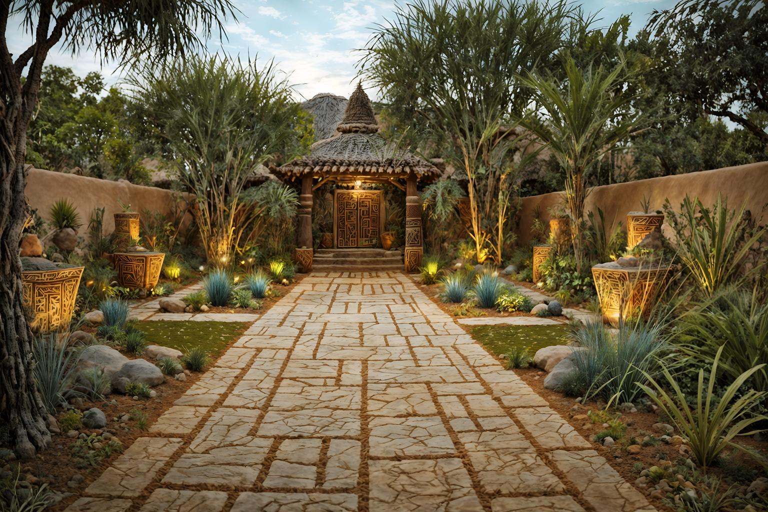 tribal-style designed (outdoor garden ) with grass and garden plants and garden tree and grass. . with intricate grass weaving and desert colours and hand dyed batik fabrics and animal furslinen and tribal patterns and smooth worn timbers and sculptures and artworks and tribal revival. . cinematic photo, highly detailed, cinematic lighting, ultra-detailed, ultrarealistic, photorealism, 8k. tribal design style. masterpiece, cinematic light, ultrarealistic+, photorealistic+, 8k, raw photo, realistic, sharp focus on eyes, (symmetrical eyes), (intact eyes), hyperrealistic, highest quality, best quality, , highly detailed, masterpiece, best quality, extremely detailed 8k wallpaper, masterpiece, best quality, ultra-detailed, best shadow, detailed background, detailed face, detailed eyes, high contrast, best illumination, detailed face, dulux, caustic, dynamic angle, detailed glow. dramatic lighting. highly detailed, insanely detailed hair, symmetrical, intricate details, professionally retouched, 8k high definition. strong bokeh. award winning photo.