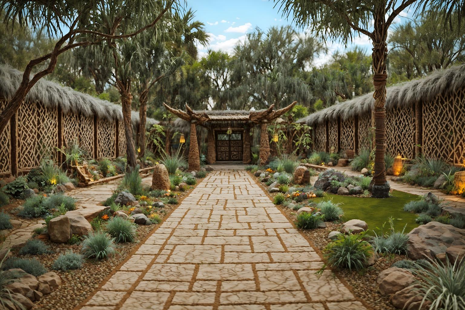 tribal-style designed (outdoor garden ) with grass and garden plants and garden tree and grass. . with intricate grass weaving and desert colours and hand dyed batik fabrics and animal furslinen and tribal patterns and smooth worn timbers and sculptures and artworks and tribal revival. . cinematic photo, highly detailed, cinematic lighting, ultra-detailed, ultrarealistic, photorealism, 8k. tribal design style. masterpiece, cinematic light, ultrarealistic+, photorealistic+, 8k, raw photo, realistic, sharp focus on eyes, (symmetrical eyes), (intact eyes), hyperrealistic, highest quality, best quality, , highly detailed, masterpiece, best quality, extremely detailed 8k wallpaper, masterpiece, best quality, ultra-detailed, best shadow, detailed background, detailed face, detailed eyes, high contrast, best illumination, detailed face, dulux, caustic, dynamic angle, detailed glow. dramatic lighting. highly detailed, insanely detailed hair, symmetrical, intricate details, professionally retouched, 8k high definition. strong bokeh. award winning photo.