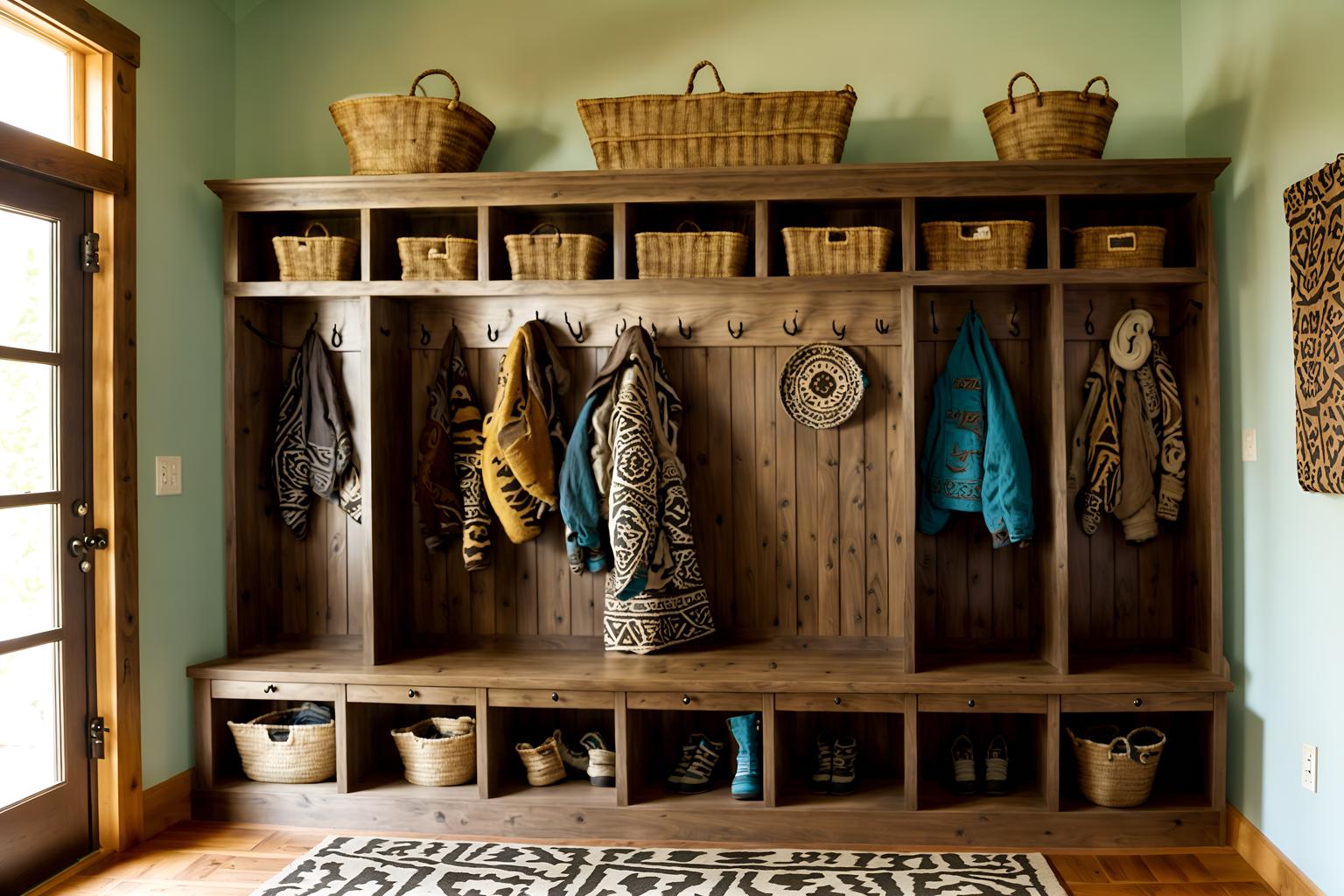 tribal-style (mudroom interior) with cubbies and wall hooks for coats and cabinets and a bench and storage baskets and shelves for shoes and storage drawers and high up storage. . with tribal patterns and tribal revival and planks of stone and animal prints and sculptures and artworks and smooth worn timbers and desert colours and animal furslinen. . cinematic photo, highly detailed, cinematic lighting, ultra-detailed, ultrarealistic, photorealism, 8k. tribal interior design style. masterpiece, cinematic light, ultrarealistic+, photorealistic+, 8k, raw photo, realistic, sharp focus on eyes, (symmetrical eyes), (intact eyes), hyperrealistic, highest quality, best quality, , highly detailed, masterpiece, best quality, extremely detailed 8k wallpaper, masterpiece, best quality, ultra-detailed, best shadow, detailed background, detailed face, detailed eyes, high contrast, best illumination, detailed face, dulux, caustic, dynamic angle, detailed glow. dramatic lighting. highly detailed, insanely detailed hair, symmetrical, intricate details, professionally retouched, 8k high definition. strong bokeh. award winning photo.