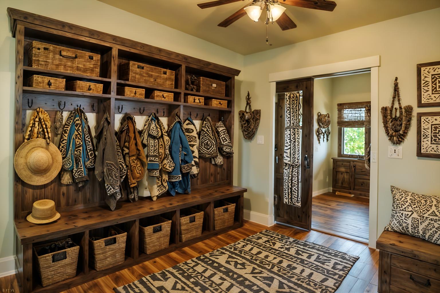 tribal-style (mudroom interior) with cubbies and wall hooks for coats and cabinets and a bench and storage baskets and shelves for shoes and storage drawers and high up storage. . with tribal patterns and tribal revival and planks of stone and animal prints and sculptures and artworks and smooth worn timbers and desert colours and animal furslinen. . cinematic photo, highly detailed, cinematic lighting, ultra-detailed, ultrarealistic, photorealism, 8k. tribal interior design style. masterpiece, cinematic light, ultrarealistic+, photorealistic+, 8k, raw photo, realistic, sharp focus on eyes, (symmetrical eyes), (intact eyes), hyperrealistic, highest quality, best quality, , highly detailed, masterpiece, best quality, extremely detailed 8k wallpaper, masterpiece, best quality, ultra-detailed, best shadow, detailed background, detailed face, detailed eyes, high contrast, best illumination, detailed face, dulux, caustic, dynamic angle, detailed glow. dramatic lighting. highly detailed, insanely detailed hair, symmetrical, intricate details, professionally retouched, 8k high definition. strong bokeh. award winning photo.